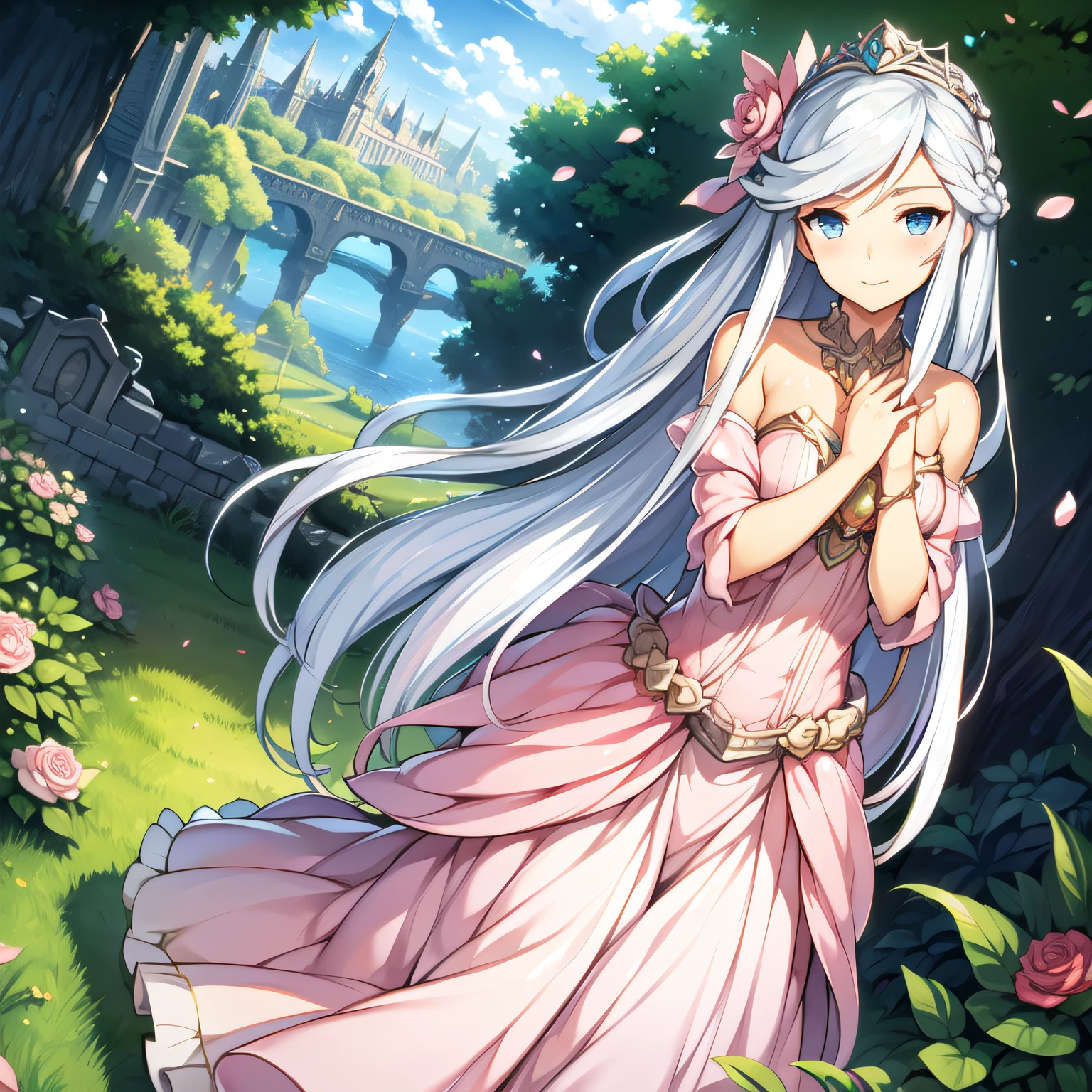 ((Masterpiece)), (((Best quality))), ((Ultra-detailed)), ((illustration)), ((Disheveled hair)), ((frilld)), (1 girl), (Solo), Bare shoulders， Blue eyes， bushes， Castle， Clothing， Cloud， Cloudy sky， crown， day， dress， Female， flower， Hand on chest， hand on her own chest， Headwear， jewelry， Long hair， view the viewer， necklace， Outdoors， petals， Pink dress， Rose， Silver hair， sky， No shoulder strap， Strapless dress， head gear， two sides up， Very long hair， White hair， Wind，ssmile，