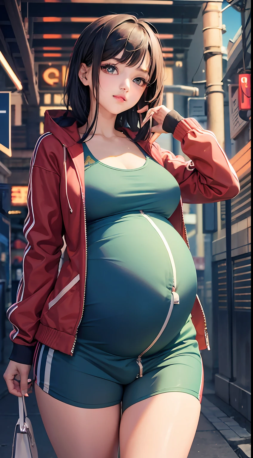 Best quality at best,illustratio,tmasterpiece,Looking into the distance,1girll,25 age old,,Cyber City,neonlight,,..and pregnant belly, Maternity wear,Maternity wear,Pregnant belly,Pregnant belly,track suit