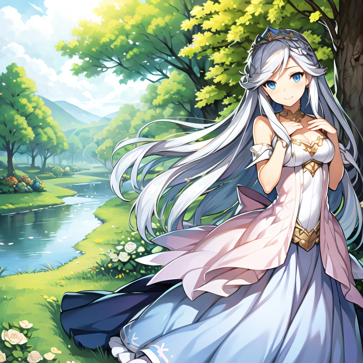 ((Masterpiece)), (((Best quality))), ((Ultra-detailed)), ((illustration)), ((Disheveled hair)), ((frilld)), (1 girl), (Solo), Bare shoulders, Blue eyes, bushes, Castle, Clothing, Cloud, Cloudy sky, crown, day, dress, Female, flower, Hand on chest, hand on her own chest, Headwear, jewelry, Long hair, view the viewer, necklace, Outdoors, petals, Pink dress, Rose, Silver hair, sky, No shoulder strap, Strapless dress, head gear, two sides up, Very long hair, White hair, Wind,ssmile,
