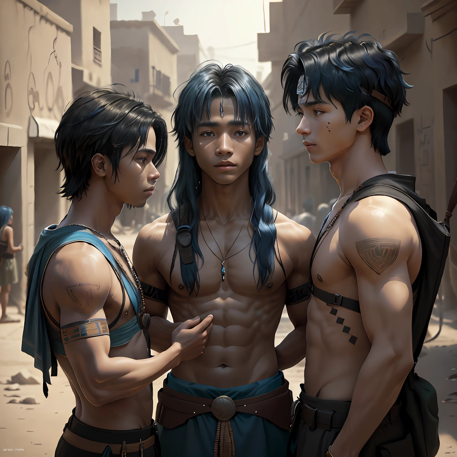 a group of 3 friends aged  and 24, They are talking about how to defend themselves from the enemy army when they invade the town 14f blue hair, The 14-year-olboyh strht hair with his back uncovered and his chest bare but dressed in typical clothes of ancient Egypt with dark skin walking lost through the different streets of a city is noon. doferentes angulos mira la ciudad desde lo slto de una colina.