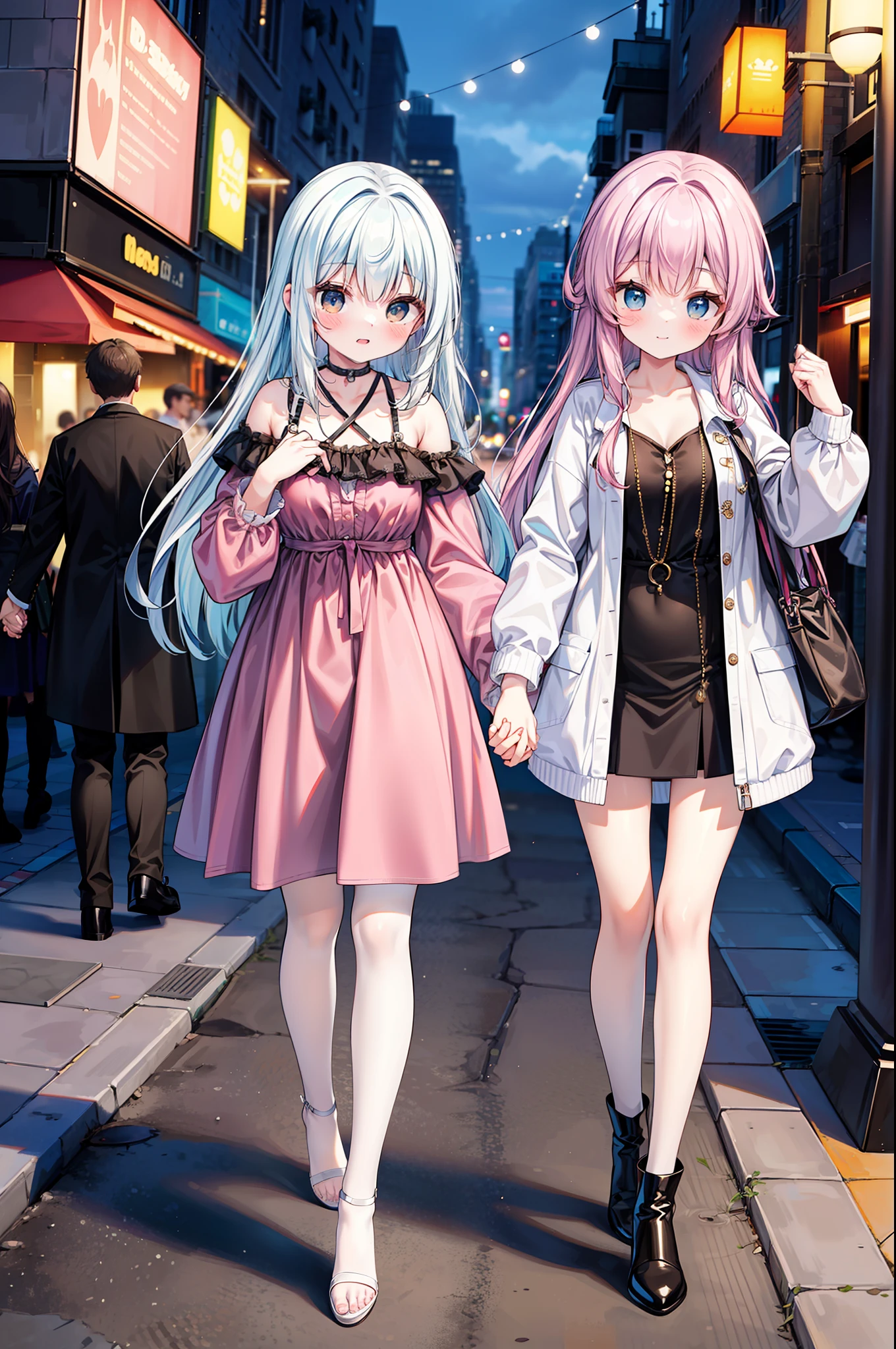 A medium shot of a beautiful young woman and her sister even more impressive. The two are together holding hands strolling down a New York street on a Saturday night on their way to party areas.....