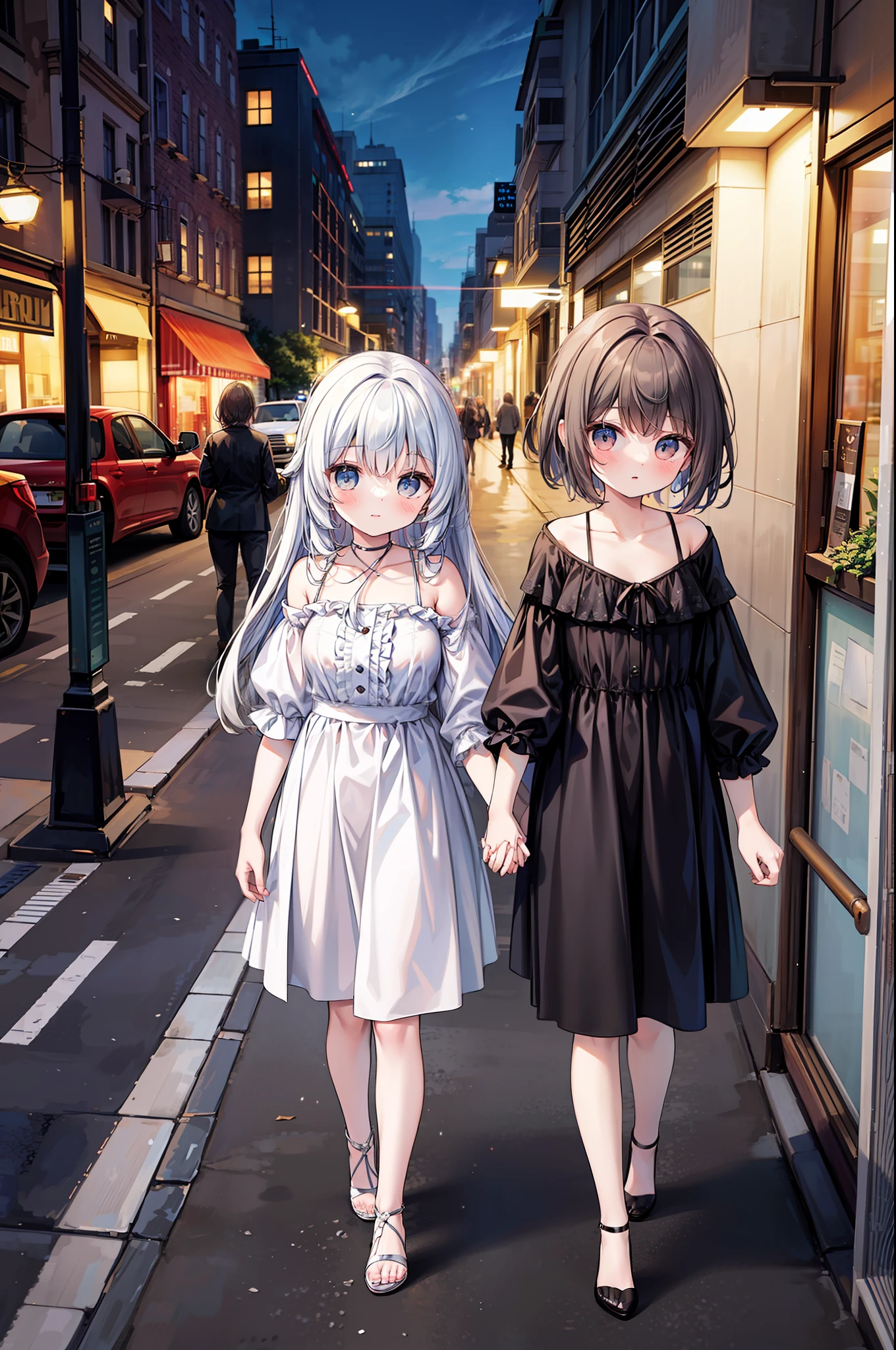 A medium shot of a beautiful young woman and her sister even more impressive. The two are together holding hands strolling down a New York street on a Saturday night on their way to party areas.....