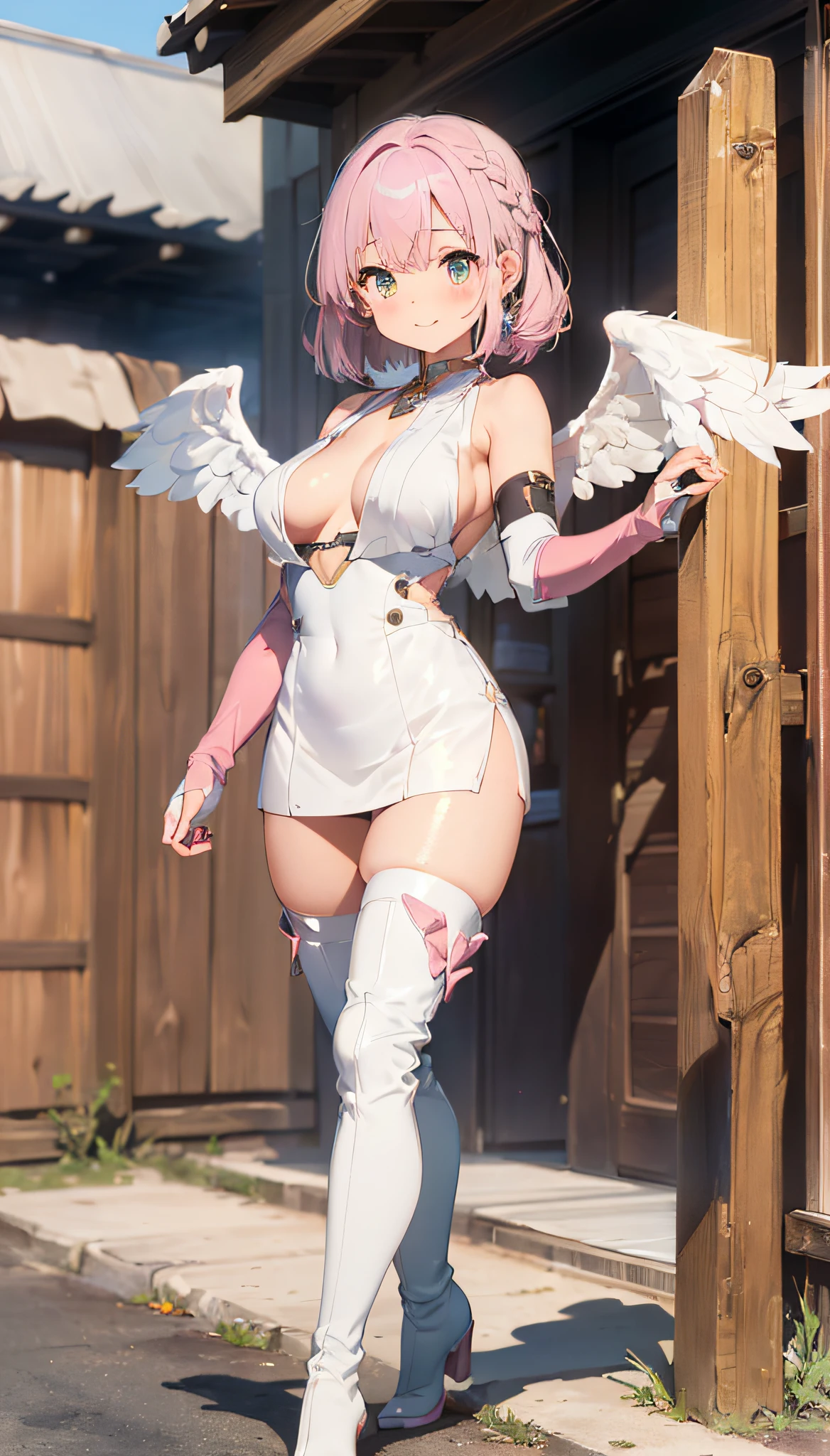 (Master masterpiece:2)、(((extremely fine and beautiful)))、(16k UHD:2)、(Angel Girl)、(Metallic White Bustier)、（Metallic White Mini Skirt:1.6）、(Metallic White Knee High Boots:1.6)、(metallic white gauntlets:1.6)、(White angel wings:1.6)、(medium large breasts)、(Transparent skin:1.6)、(pink shorth hair:1.8)、(Green eyes:1)、(Standing)、(Nominal body type)、(Glamorous:1.4)、(musculature:1.4)、（Thin thighs:1.6）、(Thin leg:1.6)、(ssmile)、(Gymnasium:1.6)、Correct anatomy、Good anatomy、Five Fingers、(((The ultra -The high-definition)))、(Ulutra HD)、(ighly detailed)), ((Very detailed and beautiful)), ((Very detailed and beautiful)), (luminism)),