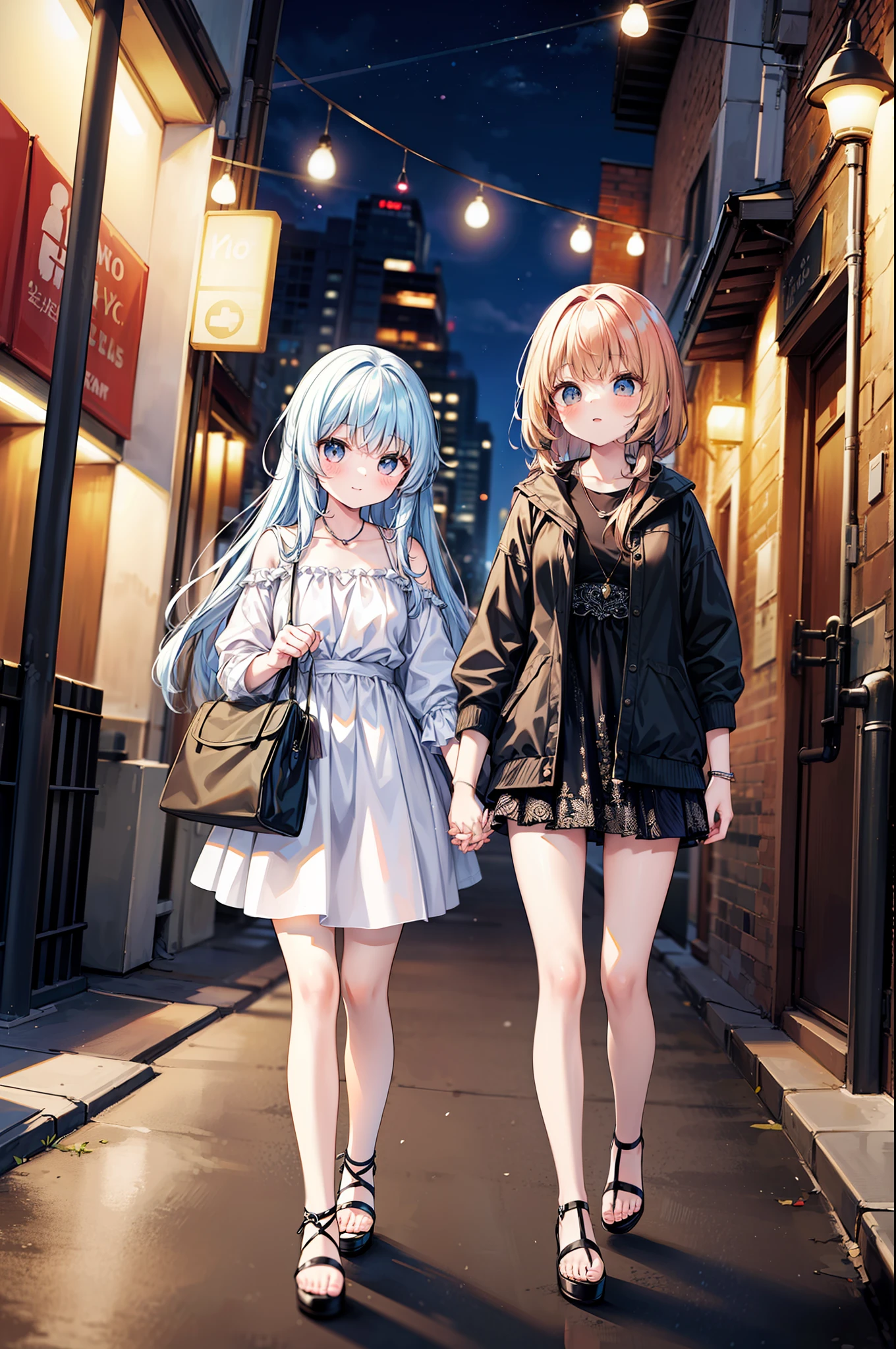 A medium shot of a beautiful young woman and her sister even more impressive. The two are together holding hands strolling down a New York street on a Saturday night on their way to party areas.....