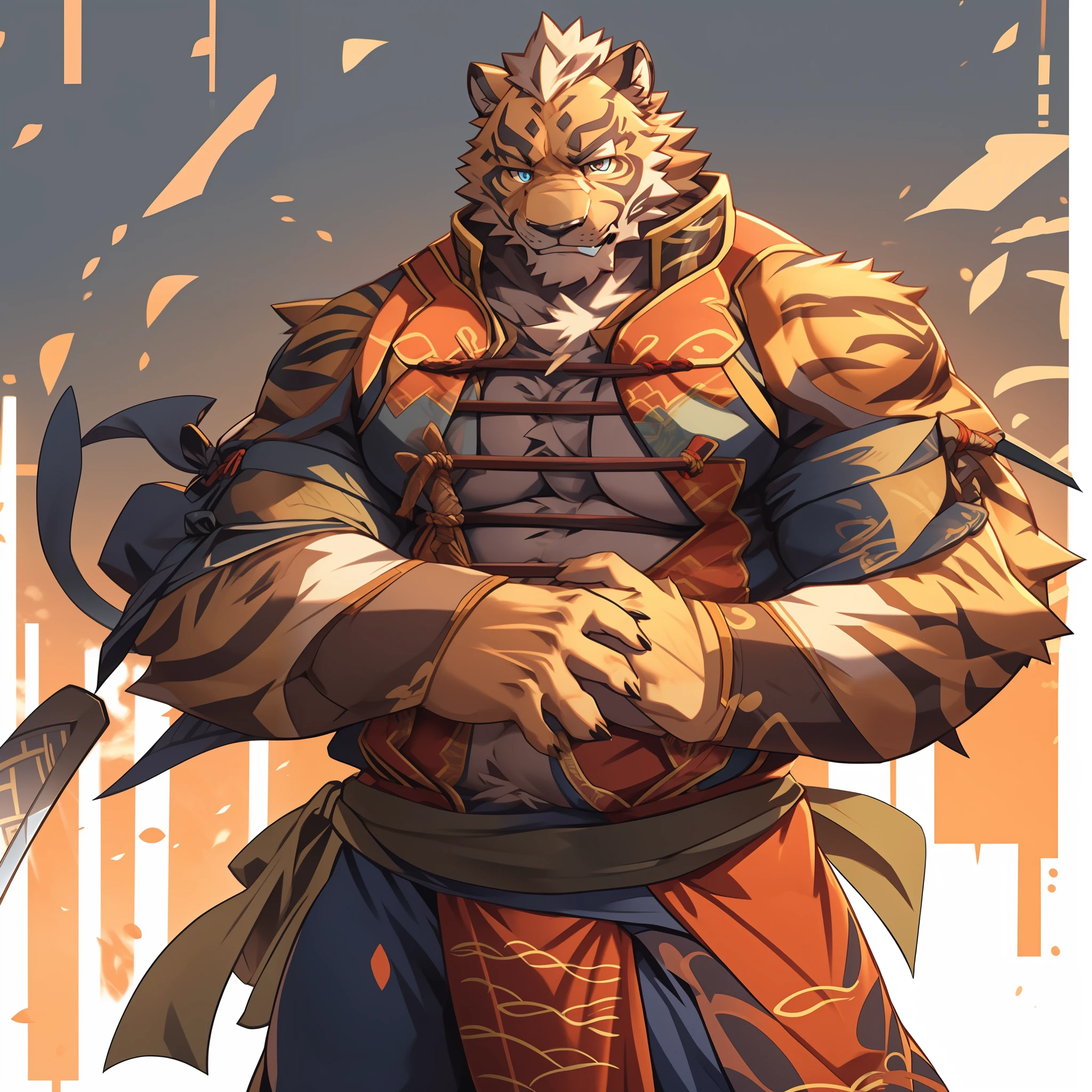 Lin Hu，musculature，tit，Fat Chubby，Wear a katana，potbelly，Plump and firm，Huge protrusions on the lower body，Wear a katana，Samurai style，carrying swords on his back，Katana on his back，Pinch your waist with your hands，Five fingers