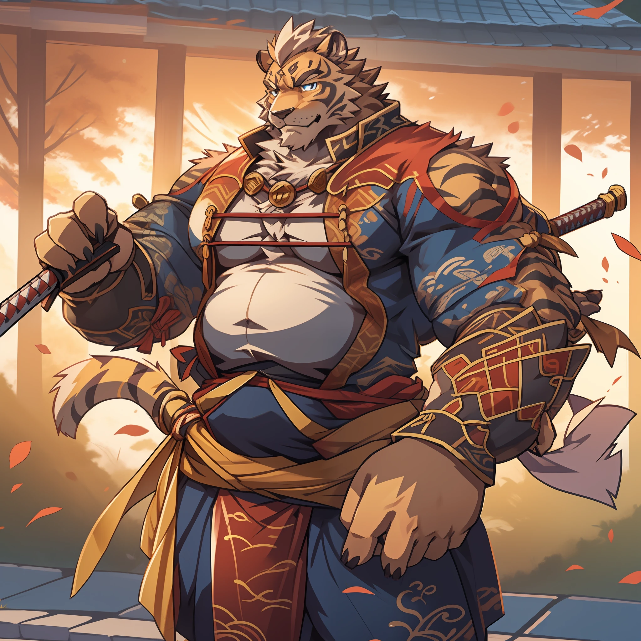 Lin Hu,musculature,tit,Fat Chubby,Wear a katana,potbelly,Plump and firm,Huge protrusions on the lower body,Wear a katana,Samurai style,carrying swords on his back,Katana on his back,Pinch your waist with your hands,Five fingers