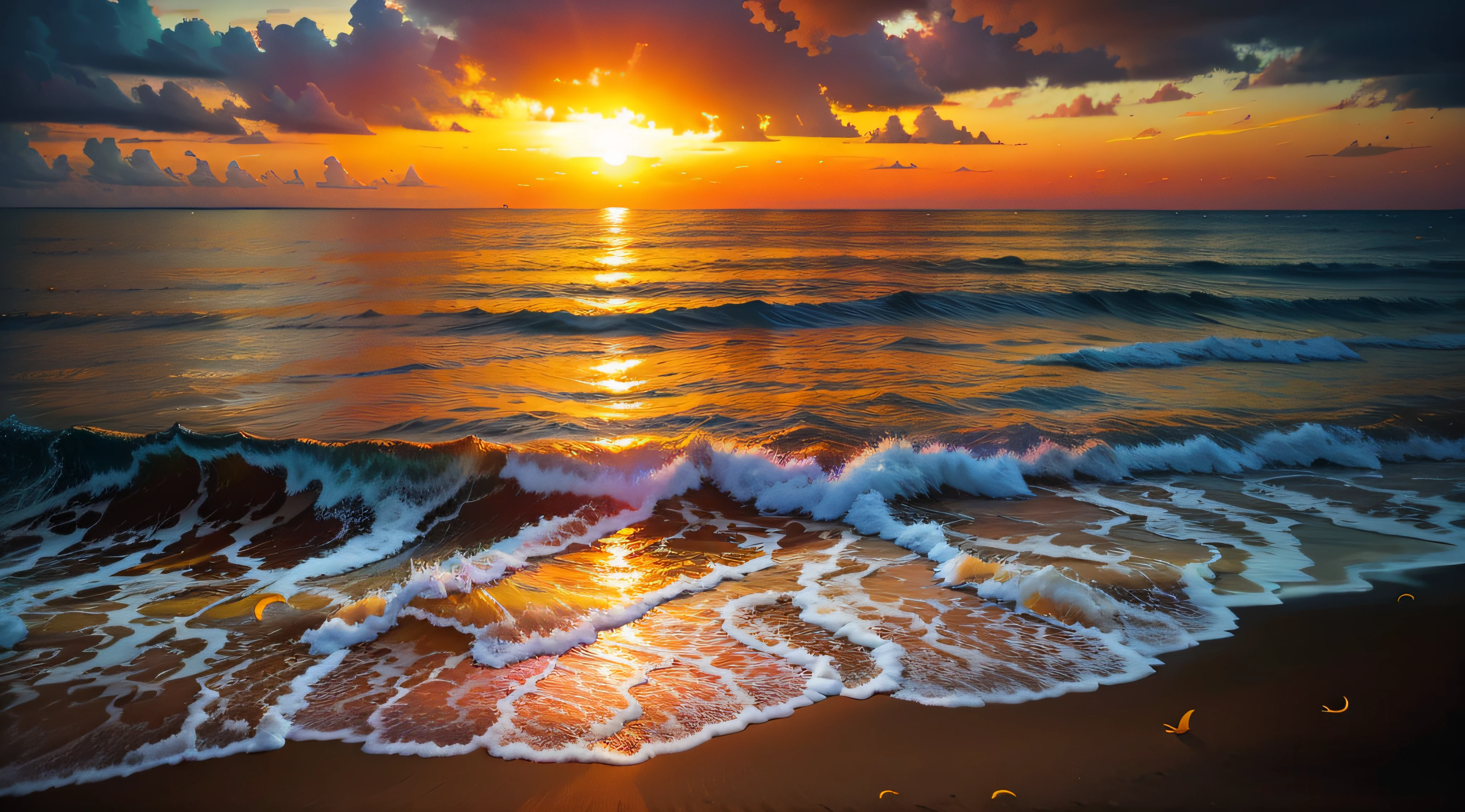 pink there、yellow、an orange、Mingle to fill the sky、The sunset over the beach is truly mesmerizing。The crystal clear sea gently kisses the shore、White sand beaches stretch everywhere。Seagulls soar high into the sky、It is a dynamic and breathtaking scene with palm trees gently swaying。Embrace a calm atmosphere、Peace washes you。