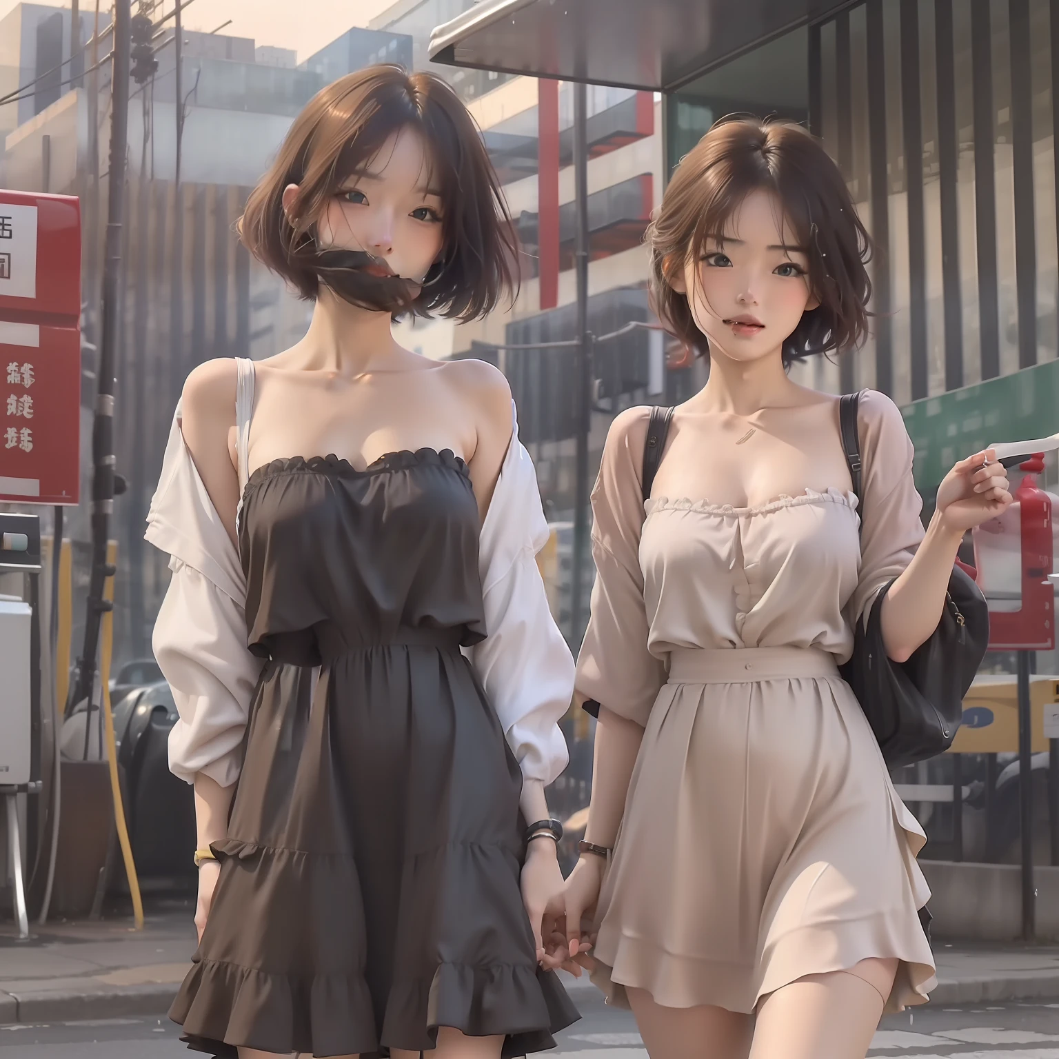 ((best qualtiy, 8k, tmasterpiece:1.3)), Focus:1.2, perfect figure beautiful woman:1.4, Cocked buttocks:1.2, ((Cut hair in layers, flatchest:1.2)), , (Rain, Street:1.3), Bandeau Dress:1.1, Highly detailed facial and skin texture, A detailed eye, 二重まぶた,Whiten skin,long whitr hair,(Keep one's mouth shut:1.3),A half body,Have on the street