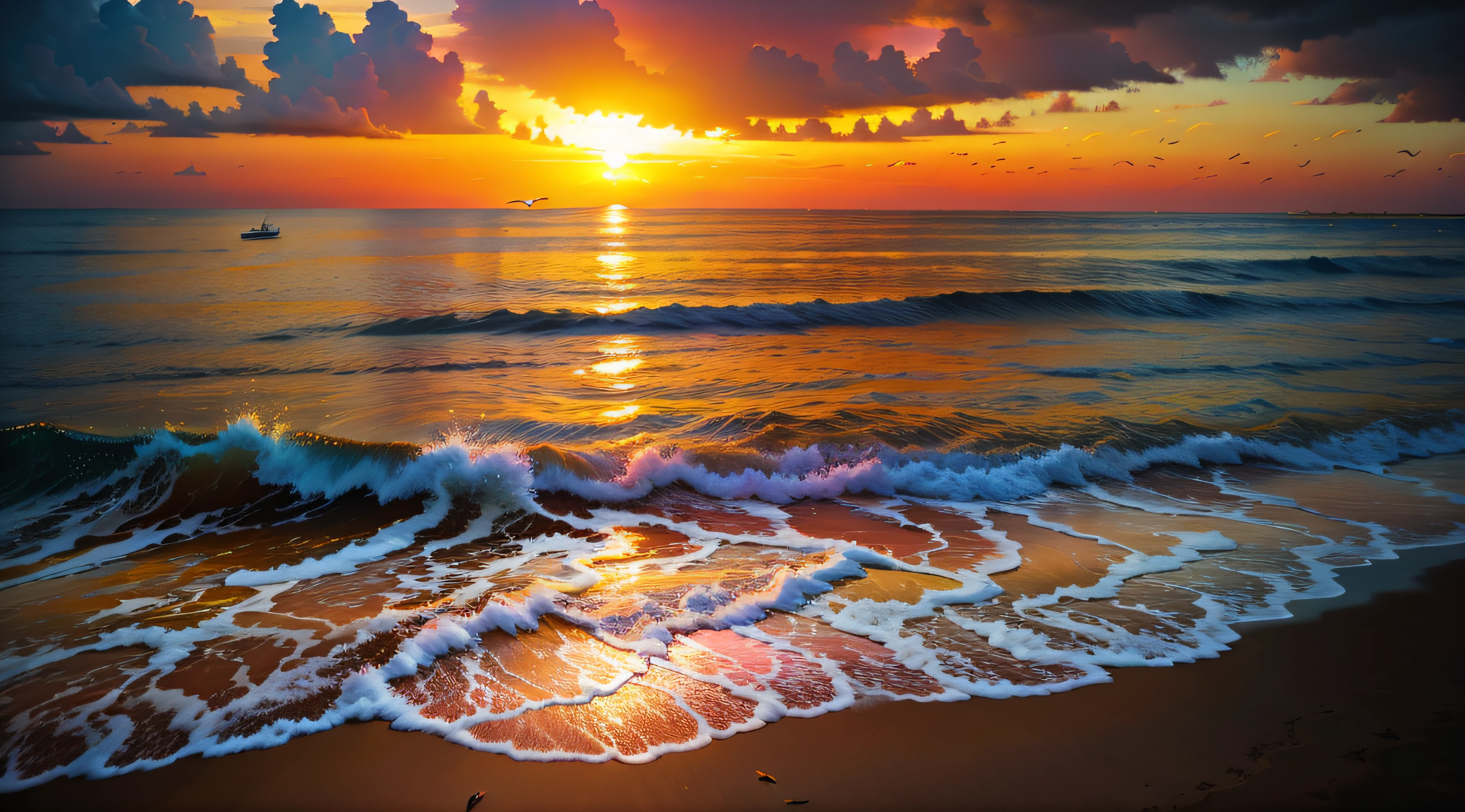 pink there、yellow、an orange、Mingle to fill the sky、The sunset over the beach is truly mesmerizing。The crystal clear sea gently kisses the shore、White sand beaches stretch everywhere。Seagulls soar high into the sky、It is a dynamic and breathtaking scene with palm trees gently swaying。Embrace a calm atmosphere、Peace washes you。