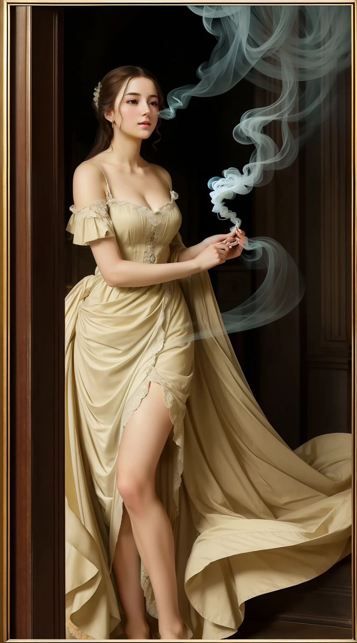 (Peerless beauty, Beautiful, Dreamy wind, Literary classics, Romantic feelings) European and American art style photo,Renaissance,Wearing a naked,The mysterious beauty of smoke spreading。