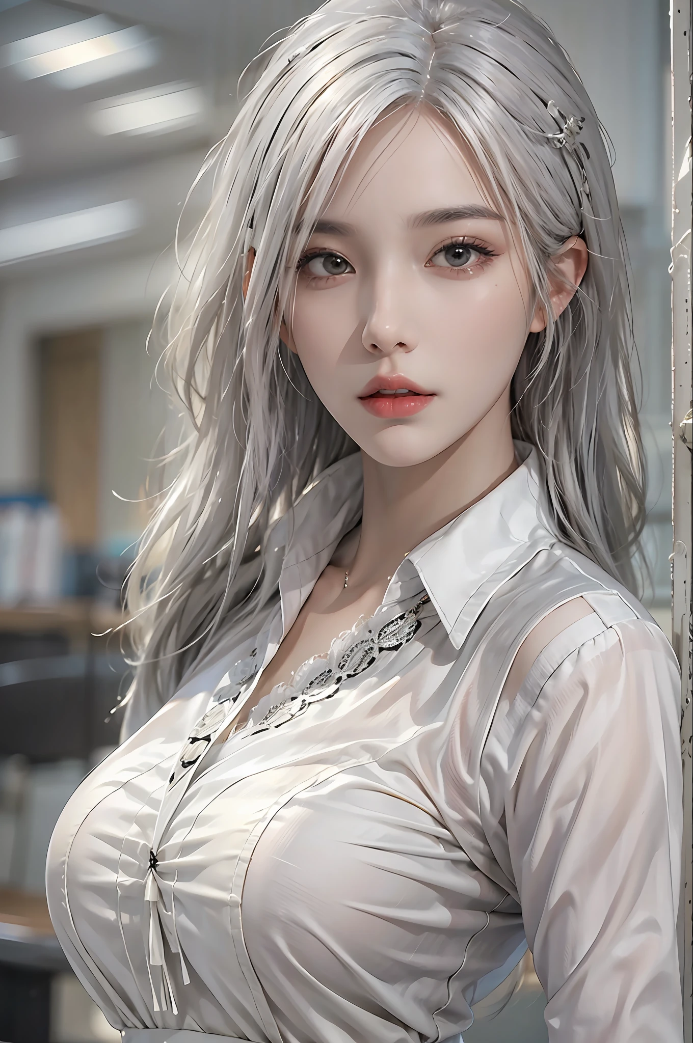 photorealistic, high resolution, 1 women, solo, hips up, look at viewer, (detailed face), white hair, long hair, secretary uniform, skirt, lace