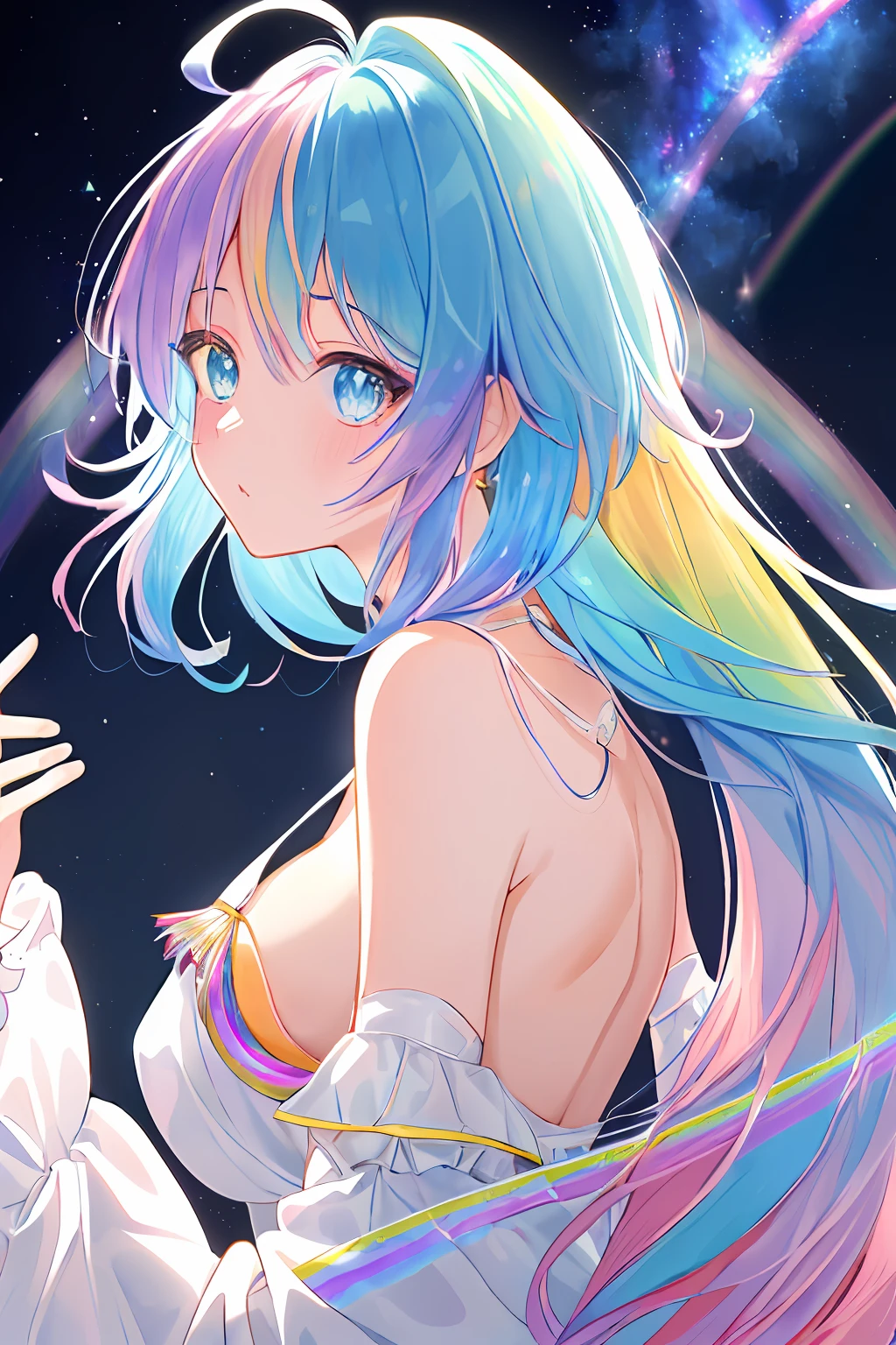 ((extremelydetailedCG)),((8K_Wallpaper)),(((masutepiece))),((top-quality)),watercolor paiting_(Medium),((Beautiful detail starry sky)),cinmatic lighting,Princess,very long iridescent hair,from side view,LookingATVIEWER,fullllbody,frilld,(Far from the viewer),((Highly detailed facial)),((Very delicate and beautiful girl)),((extremely detailed cute anime face)),((Very detailed eyes)),(((extra detailed body))),(ultra-detailliert),Illustration,((bare stomach)),((Bare shoulders)),smallbreast,((sideboob barbosa)),((((Floating and rainbow hair)))),(((Iridescence and rainbow hair))),(((Very detailed clothes))),((((Rainbow and iridescent colors)))),(Rainbow colors and rainbow eyes),Beautiful detail hair,Beautiful fece,dramaticangle,(big top sleeves),frilld,blush,(Ahoge)