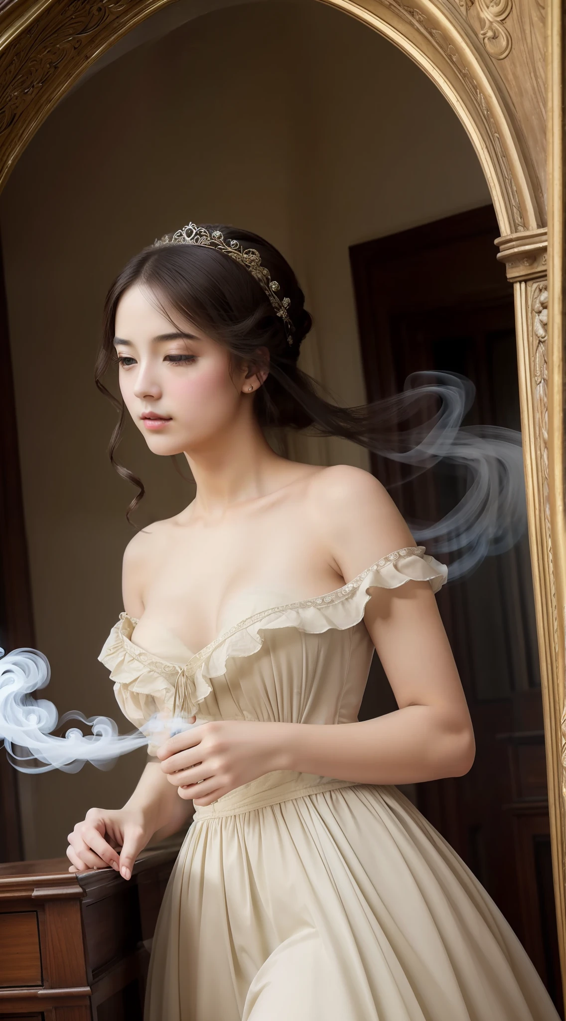 (Peerless beauty, Beautiful, Dreamy wind, Literary classics, Romantic feelings) European and American art style photo,Renaissance,Wearing a naked,The mysterious beauty of smoke spreading。