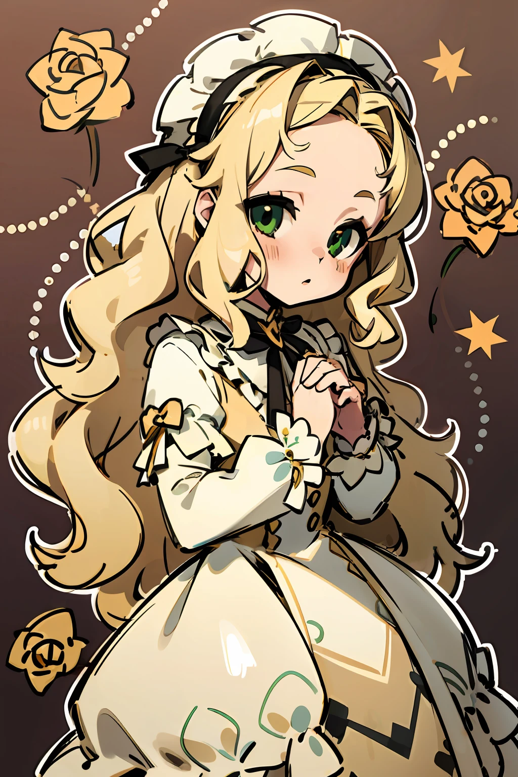 1girl, li, Green eyes, blonde hair, forehead, (Wavy Hair), Long hair, headband, pearls, beige dress, ((Lolita Dress)), Bows, frilld, White roses, ((thick outlines)), ((white outlines)), (Sketch)