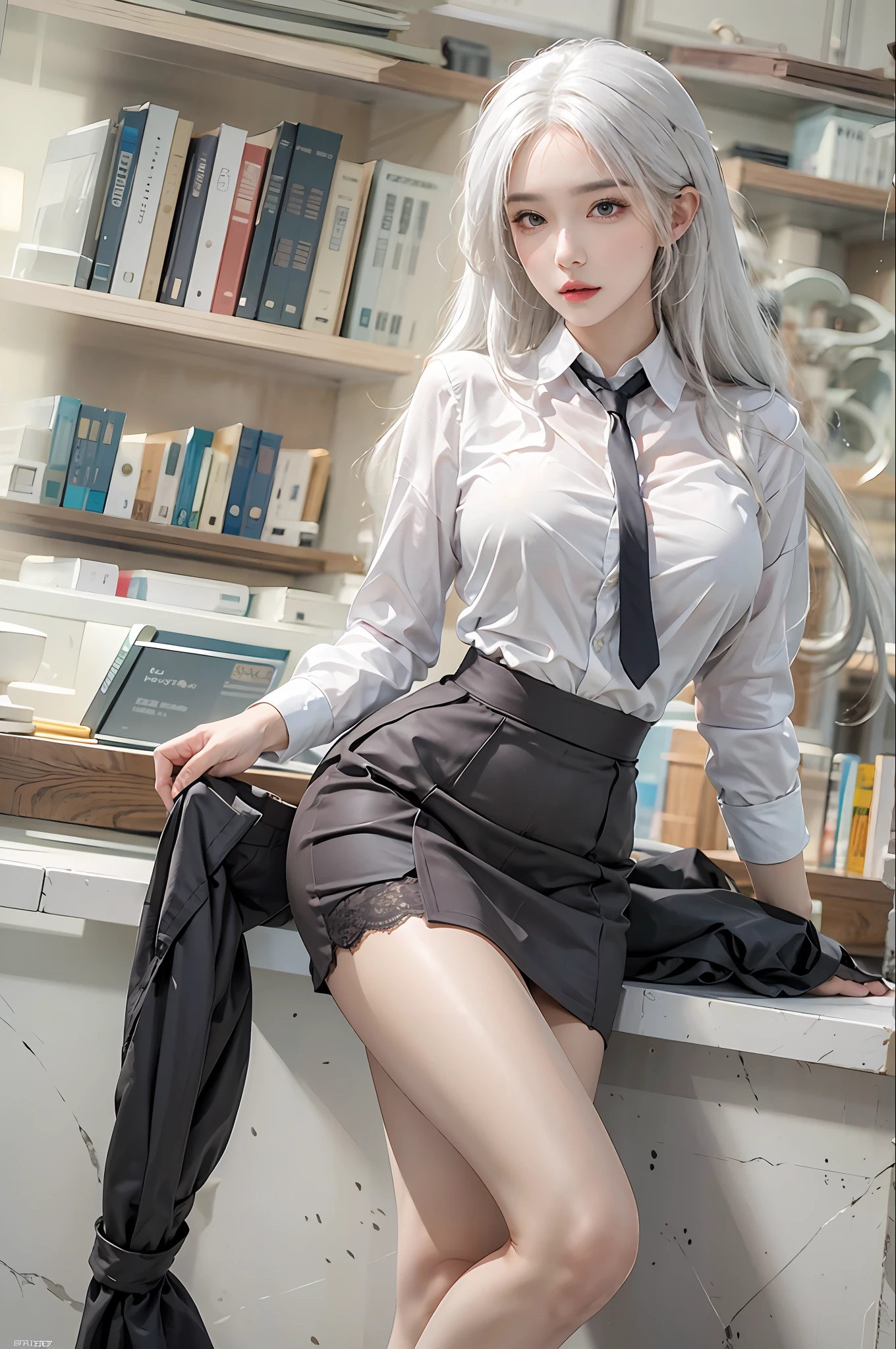 photorealistic, high resolution, 1 women, solo, hips up, look at viewer, (detailed face), white hair, long hair, secretary uniform, skirt, lace