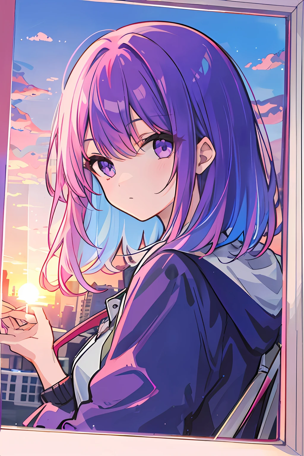 1 girl, solo, mixed hair color, blue sky, pink, purple dyeing, swirl hair, long hair cut, near window, sunset outside, reflected glass.