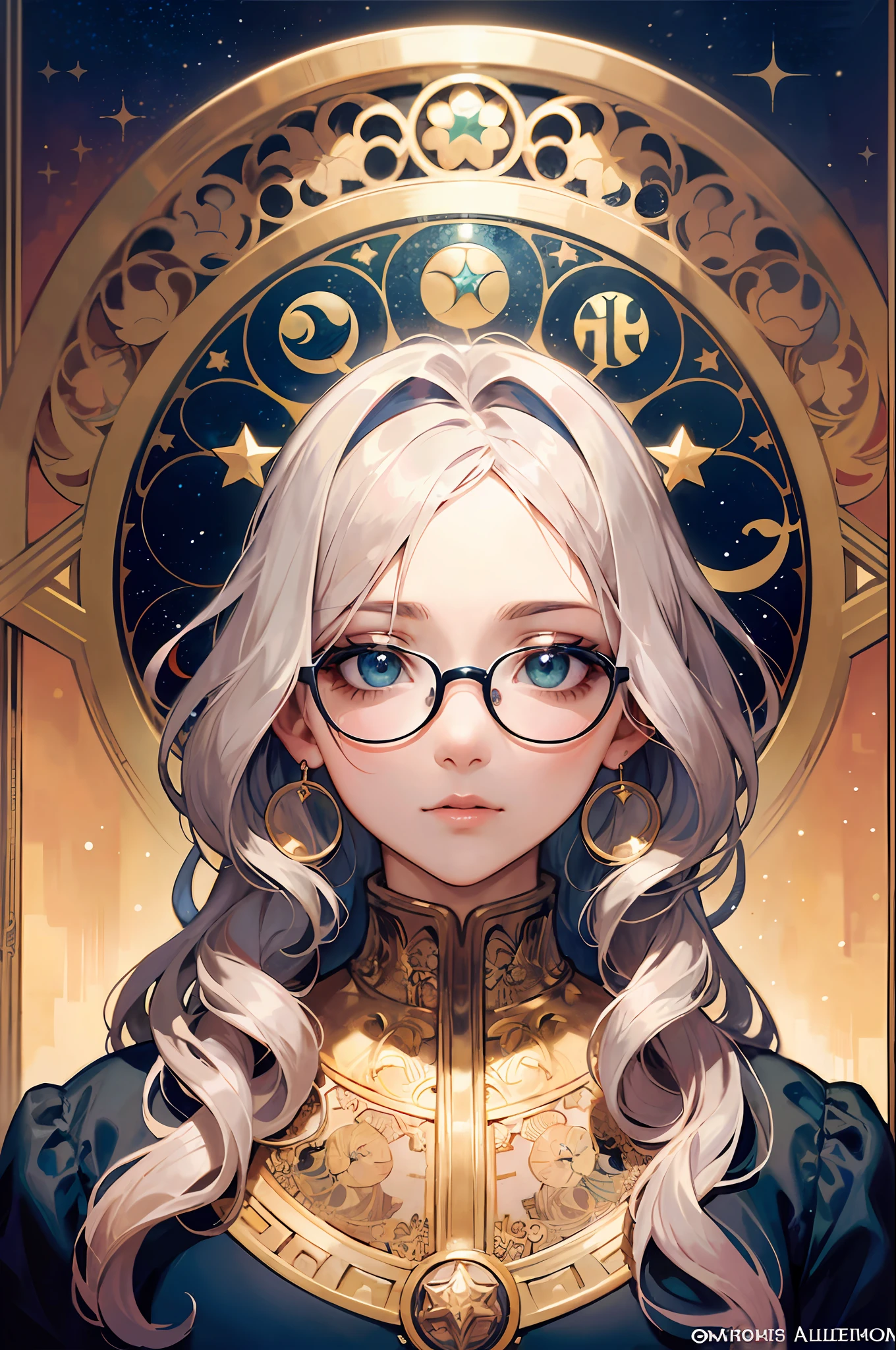 Portrait of Ukrainian woman's face、Long curly hair、greeneye、Frames of celestial bodies and stars、Decorative panel、abstract art、By Alphonse Mucha (masterpiece、top-quality、hight resolution: 1.4)、detaileds、intricate-detail、4K、color splashes、Line Art、Fibonacci、