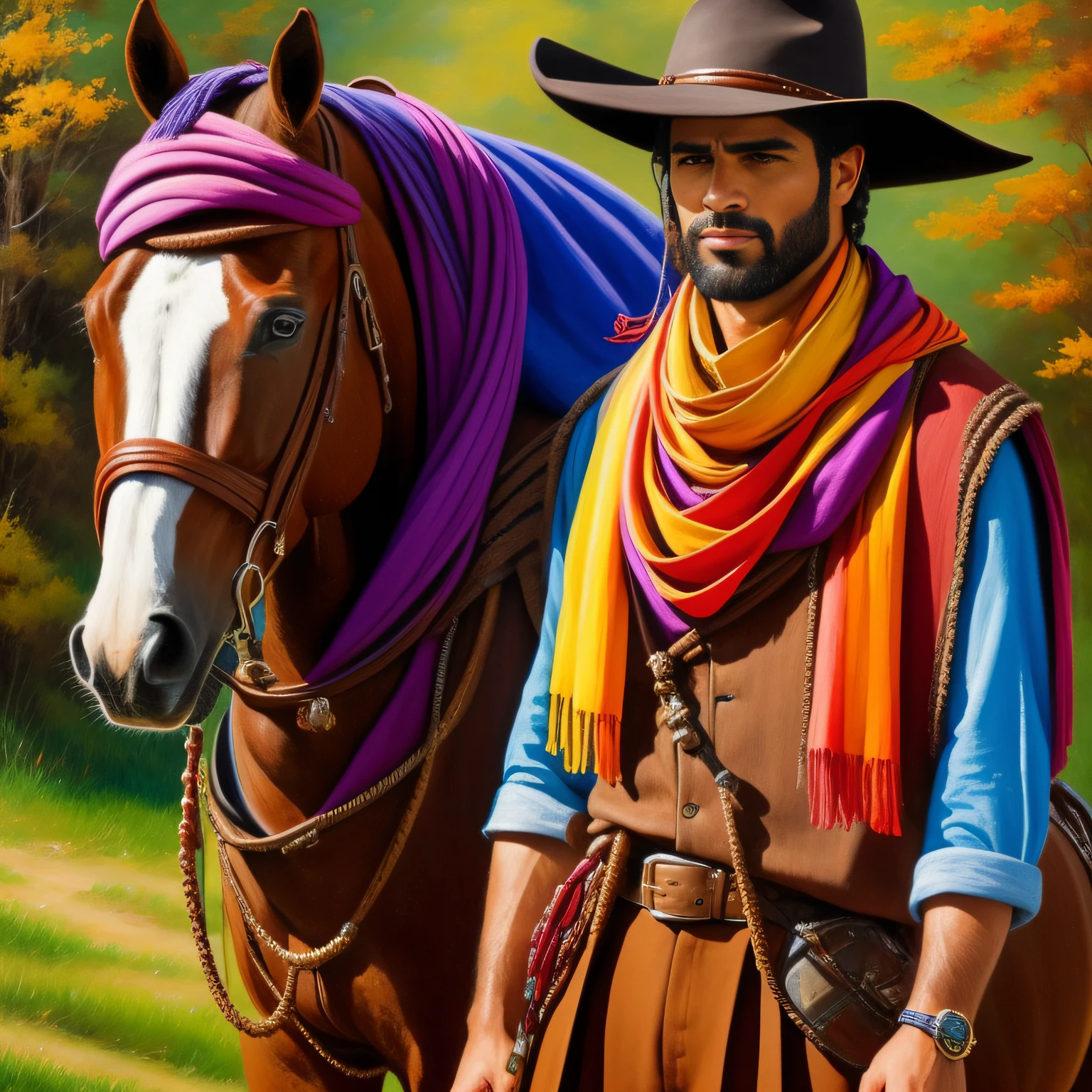 A gaucho wearing bombachas (Wide pleated pants), scarf around the neck, hat and leather boots, montado a cavalo. Pintar estilo: "impressionismo", com cores vibrantes bem definidas em 8K. Paint so that the characters are easily recognizable and reveal the perfection of the characters' facial expressions.