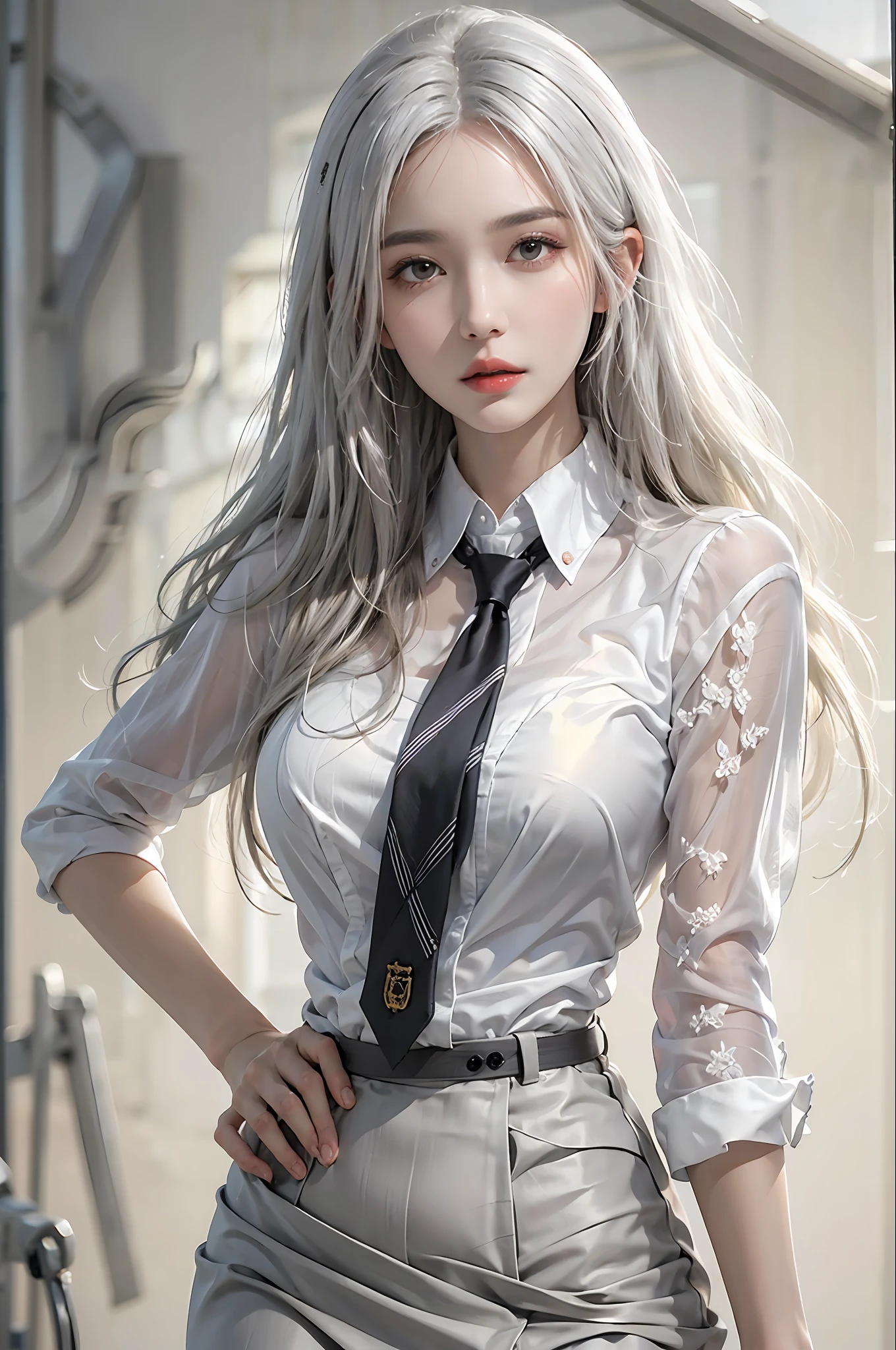 photorealistic, high resolution, 1 women, solo, hips up, look at viewer, (detailed face), white hair, long hair, secretary uniform, skirt, lace