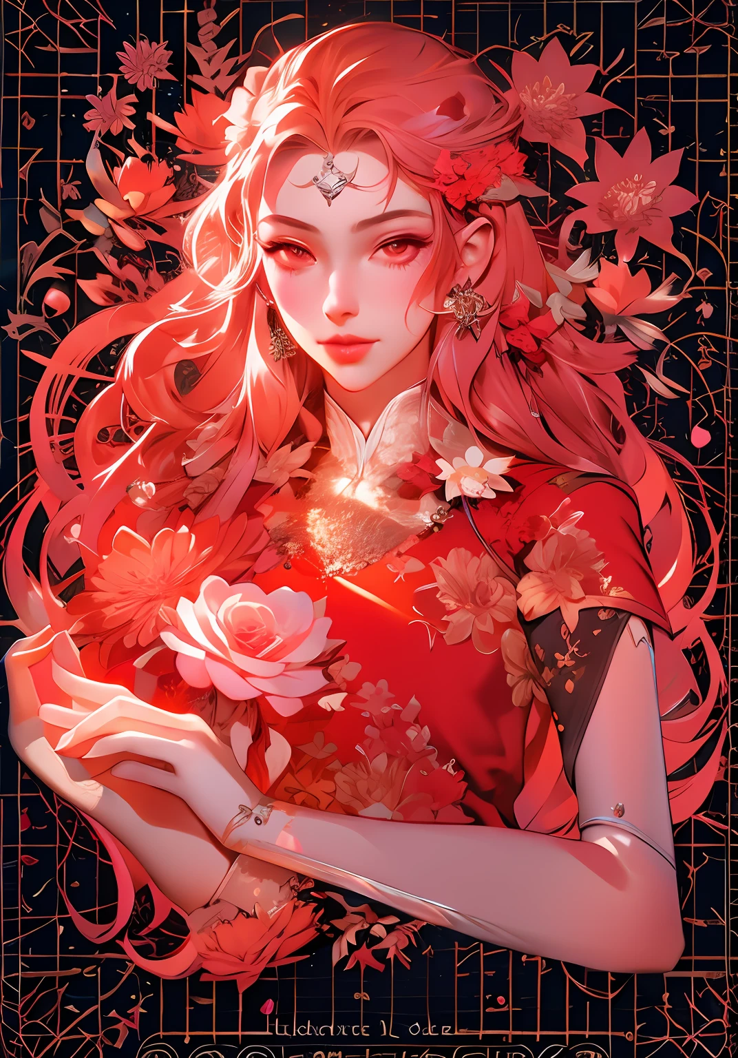 anime girl with red hair and a red dress holding a flower, charlie bowater art style, a beautiful artwork illustration, in the art style of bowater, neoartcore and charlie bowater, loish art style, digital anime illustration, jen bartel, beautiful digital illustration, anime fantasy illustration, in style of charlie bowater, detailed fanart,, exquisite line art, exquisite digital illustration, detailed digital drawing, black and white coloring, digital anime illustration, a beautiful artwork illustration, detailed matte fantasy portrait, beautiful line art, great digital art with details, goddess. extremely high detail, 4k detailed digital art, stunning digital illustration, digital fantasy illustration,((Best quality)), ((masterpiece)), (detailed:1.4), 3D, an image of a beautiful female,HDR (High Dynamic Range),Ray Tracing,NVIDIA RTX,Super-Resolution,Unreal 5,Subsurface scattering,PBR Texturing,Post-processing,Anisotropic Filtering,Depth-of-field,Maximum clarity and sharpness,Multi-layered textures,Albedo and Specular maps,Surface shading,Accurate simulation of light-material interaction,Perfect proportions,Octane Render,Two-tone lighting,Wide aperture,Low ISO,White balance,Rule of thirds,8K RAW
