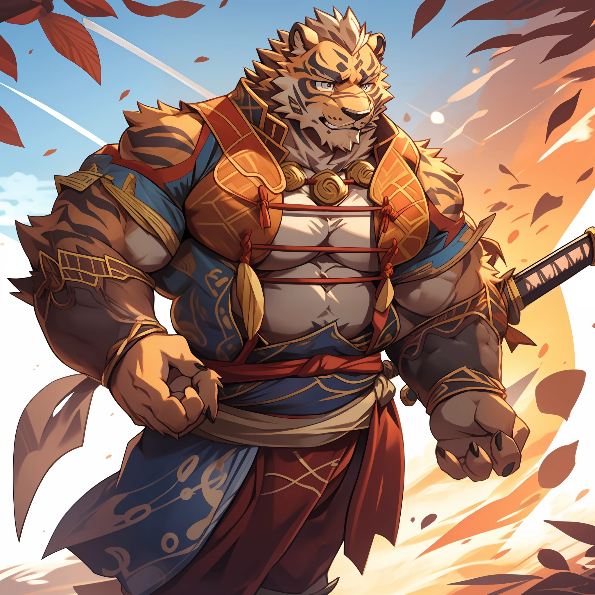 Lin Hu,musculature,tit,Fat Chubby,Wear a katana,potbelly,Plump and firm,Huge protrusions on the lower body,Wear a katana,Samurai style,carrying swords on his back,Katana on his back,Pinch your waist with your hands,Five fingers