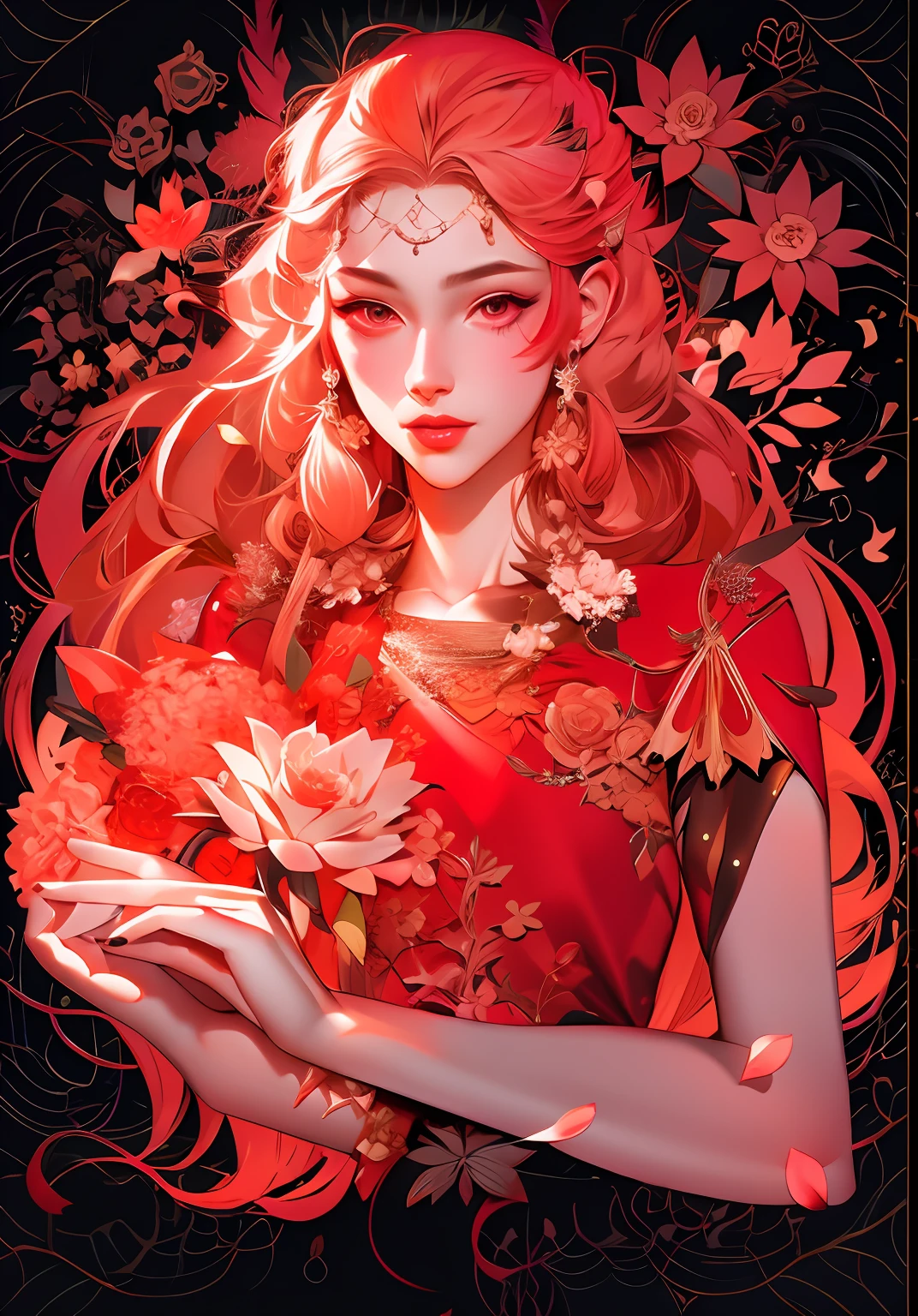 anime girl with red hair and a red dress holding a flower, charlie bowater art style, a beautiful artwork illustration, in the art style of bowater, neoartcore and charlie bowater, loish art style, digital anime illustration, jen bartel, beautiful digital illustration, anime fantasy illustration, in style of charlie bowater, detailed fanart,, exquisite line art, exquisite digital illustration, detailed digital drawing, black and white coloring, digital anime illustration, a beautiful artwork illustration, detailed matte fantasy portrait, beautiful line art, great digital art with details, goddess. extremely high detail, 4k detailed digital art, stunning digital illustration, digital fantasy illustration,((Best quality)), ((masterpiece)), (detailed:1.4), 3D, an image of a beautiful female,HDR (High Dynamic Range),Ray Tracing,NVIDIA RTX,Super-Resolution,Unreal 5,Subsurface scattering,PBR Texturing,Post-processing,Anisotropic Filtering,Depth-of-field,Maximum clarity and sharpness,Multi-layered textures,Albedo and Specular maps,Surface shading,Accurate simulation of light-material interaction,Perfect proportions,Octane Render,Two-tone lighting,Wide aperture,Low ISO,White balance,Rule of thirds,8K RAW