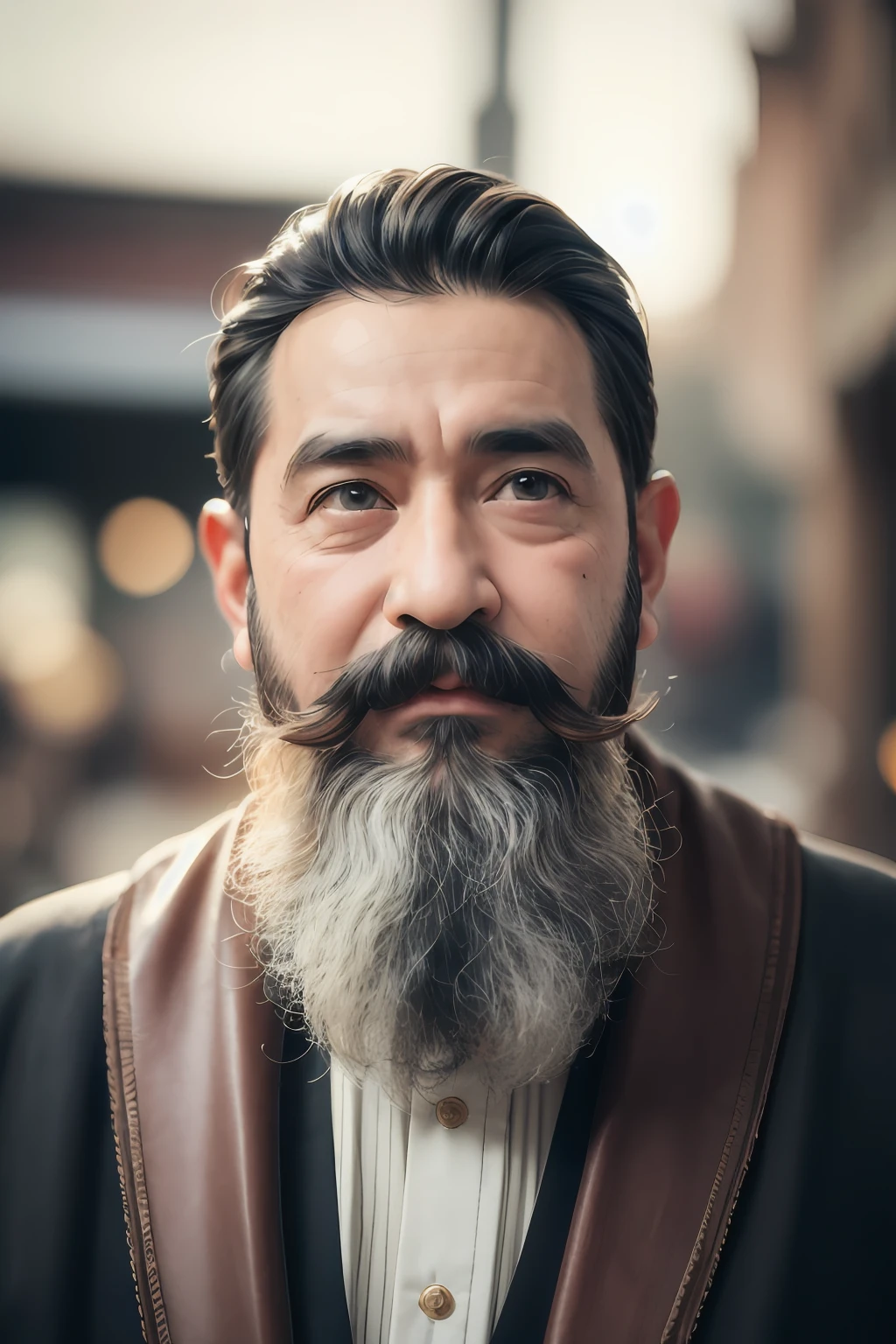 1boy, beard, blurry, blurry_background, blurry_foreground, depth_of_field, facial_hair, male_focus, manly, motion_blur, mustache, old_man, solo, upper_body, fantasy background, portrait, steampunk_bg