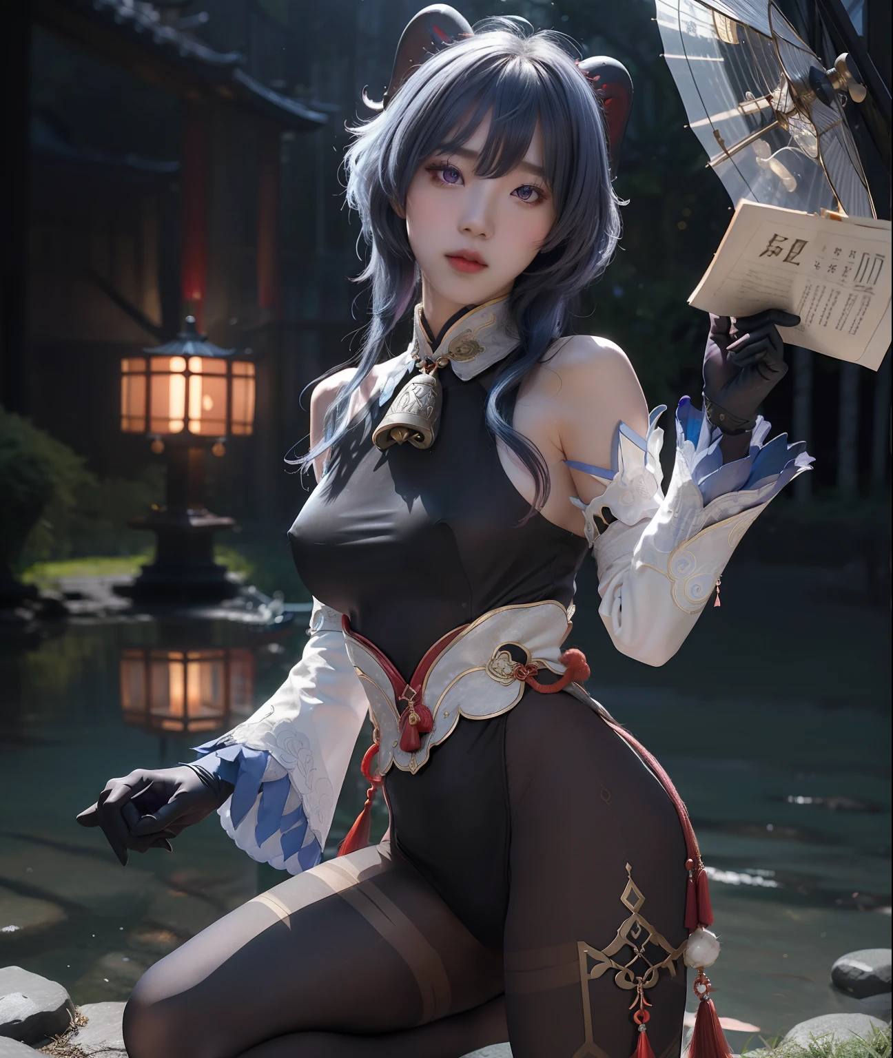 masterpiece, (photorealistic:1.5), best quality, beautiful lighting, real life, ganyu \(genshin impact\), 1girl, ahoge, architecture, bangs, bare shoulders, bell, black gloves, black pantyhose, (blue hair), blush, breasts, chinese knot, detached sleeves, east asian architecture, flower knot, gloves, horns, long hair, looking at viewer, medium breasts, neck bell, night, outdoors, pantyhose, purple eyes, sidelocks, solo, tassel, white sleeves, (ulzzang-6500:0.5) , intricate, high detail, sharp focus, dramatic, beautiful girl , (RAW photo, 8k uhd, film grain), caustics, subsurface scattering, reflections ,