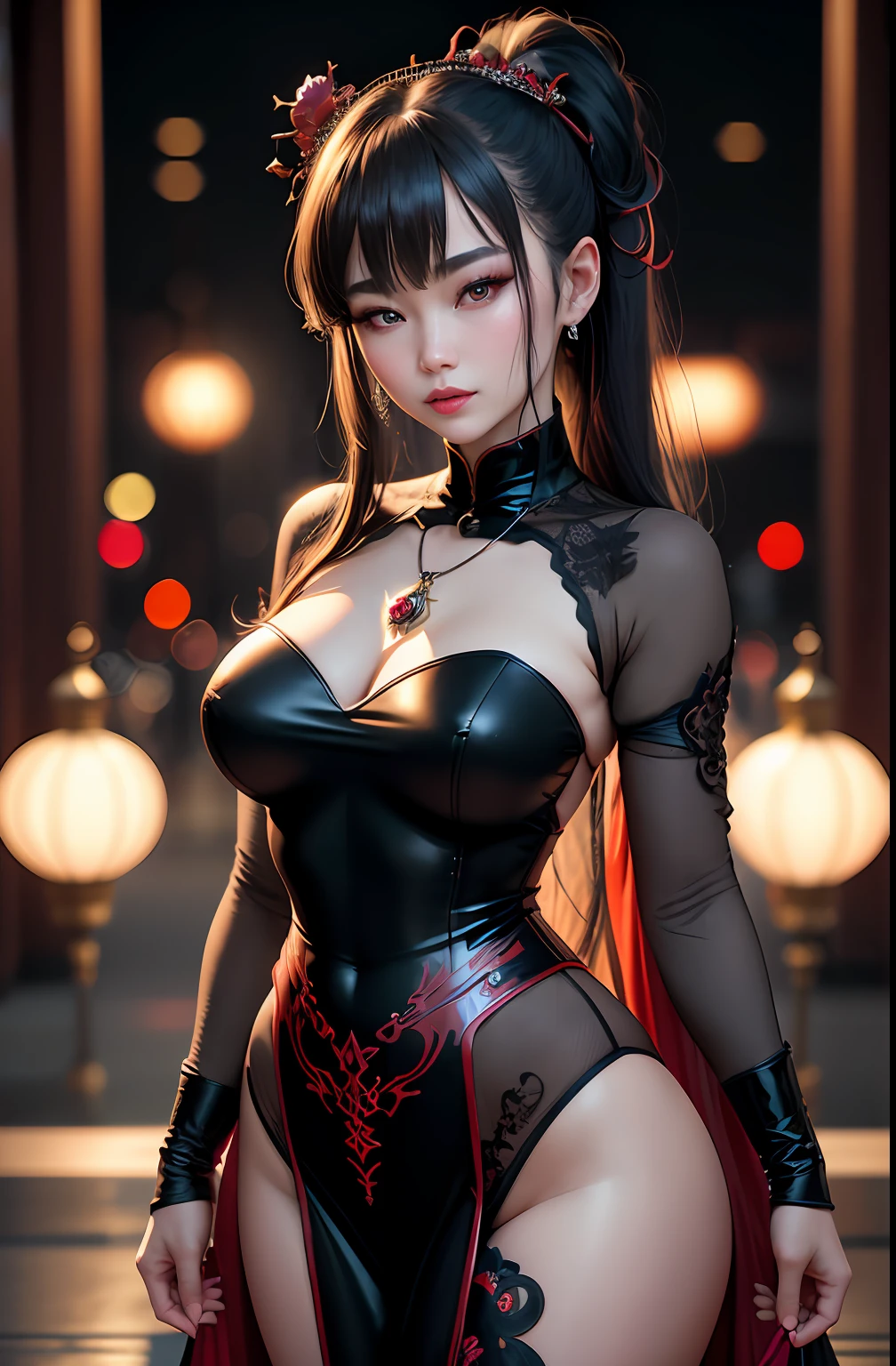 best quality, masterpiece, highres, 1girl, hanfu, white and even teeth, red irises, chinese underwear, hair ornaments, necklace, jewelry, crown jewelry. Pretty face, full body, magic import style, tyndall effect, photo realistic, border light, two tone light, (high detail skin: 1.2), 8k uhd, dslr , soft light, high quality, volumetric light, candid, Photo , high resolution, 4k, 8k, Bokeh, (light pink lips), 1 beautiful demon from hell, In the Dark: 1.6 ), surreal full-body women by David Hockney and Alphonse Mucha, fantasy art, photorealism, dynamic lighting, station art, volumetric lighting, highly detailed faces, super 8k, Awarded, in the dark, dark, low light, cowboy lens, long hair, black hair, bust, palace luxury, royal style family, devil's crown, red eyes with very sharp and detailed makeup, Best face, Very round and firm breasts, Surreal, chinese women's clothes, charming smile, Nice eye makeup, guweiz, mesh stockings with laces on black lace stockings, wearing a dark red deep-cut turtleneck top, ponytail with bow at the back, dark red lips, overcast and thunderous landscape, (full body), (Background detail 1.8), lace tights at the waist, moderately large butt,