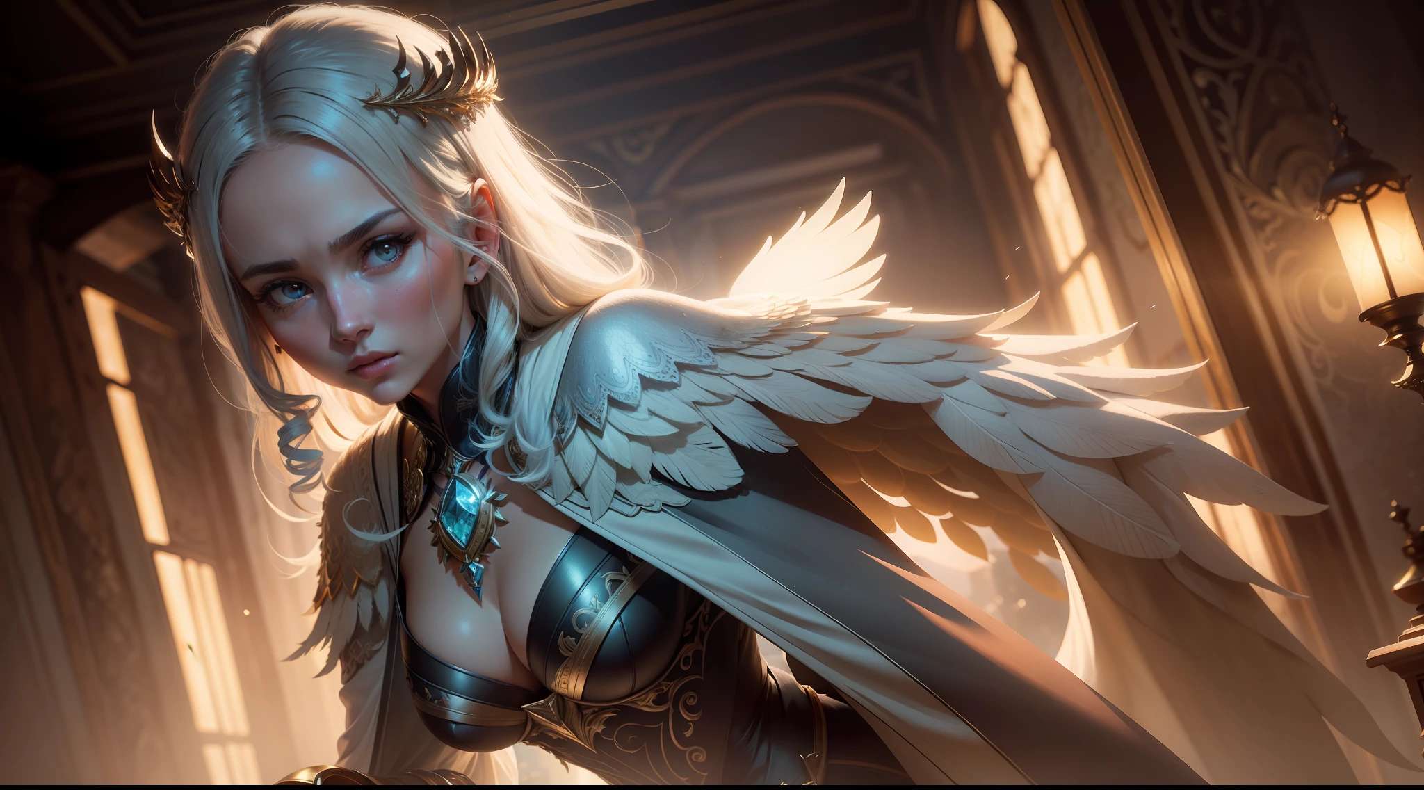Confident and mature woman,wings of a swan,magnificent robe,complex patterns,Bustling city,rays of sunshine,Natural hair,photorealistic portrait,4K,highest details,highly detailed,art stations,Smoothness,Sharp focus,cinmatic lighting,facing at the camera,Dark Studio,edge lit,twotonelighting,Dimly lit,low tune,((best qualtiy)), ((tmasterpiece)), (The is very detailed:1.3), Ancient Techniques, hdr(HighDynamicRange), Ray traching, NVIDIA RTX, Hyper-Resolution, Unreal 5, sub surface scattering, PBR Texture, post-proces, Anisotropic filtering, depth of fields, Maximum clarity and sharpness, Many-Layer Textures, Albedo e mapas Speculares, Surface coloring,Accurately simulate light-material interactions,perfectly proportions,rendering by octane,twotonelighting,Low ISO,White balance,trichotomy,Wide aperture,8K raw data,High-Efficiency Sub-Pixel,sub-pixel convolution,Luminous Particle,Light scattering,Tyndall effect