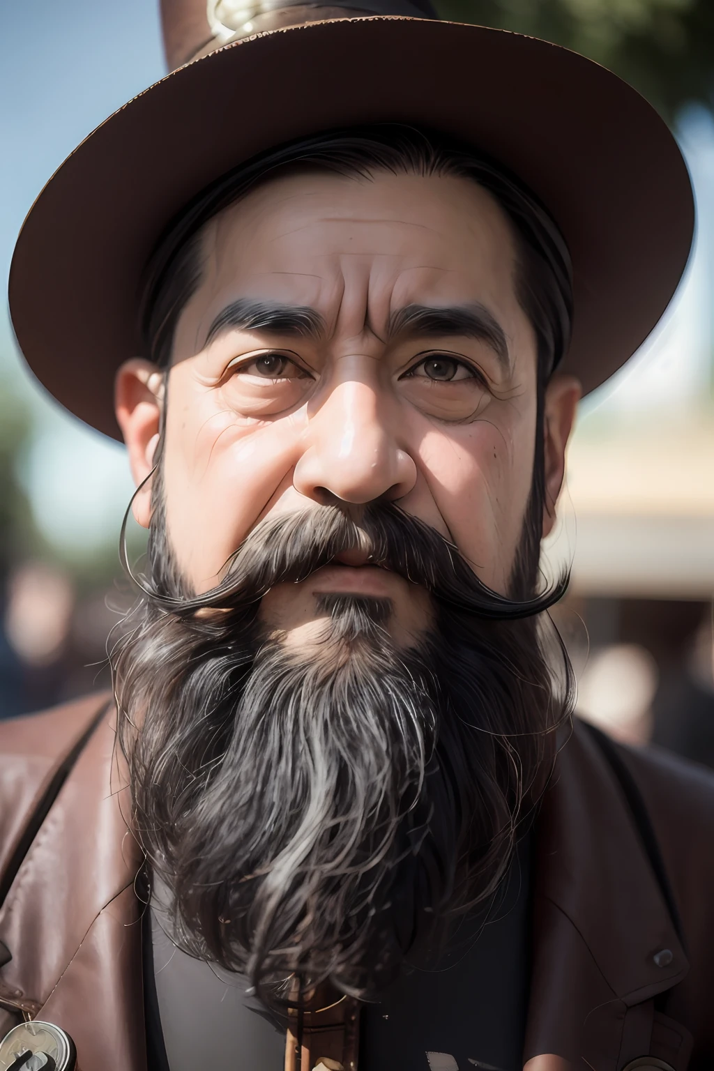 1boy, beard, blurry, blurry_background, blurry_foreground, depth_of_field, facial_hair, male_focus, manly, motion_blur, mustache, old_man, solo, upper_body, fantasy background, portrait, steampunk_bg