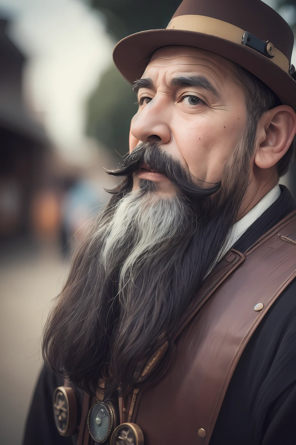 1boy, beard, blurry, blurry_background, blurry_foreground, depth_of_field, facial_hair, male_focus, manly, motion_blur, mustache, old_man, solo, upper_body, fantasy background, portrait, steampunk_bg