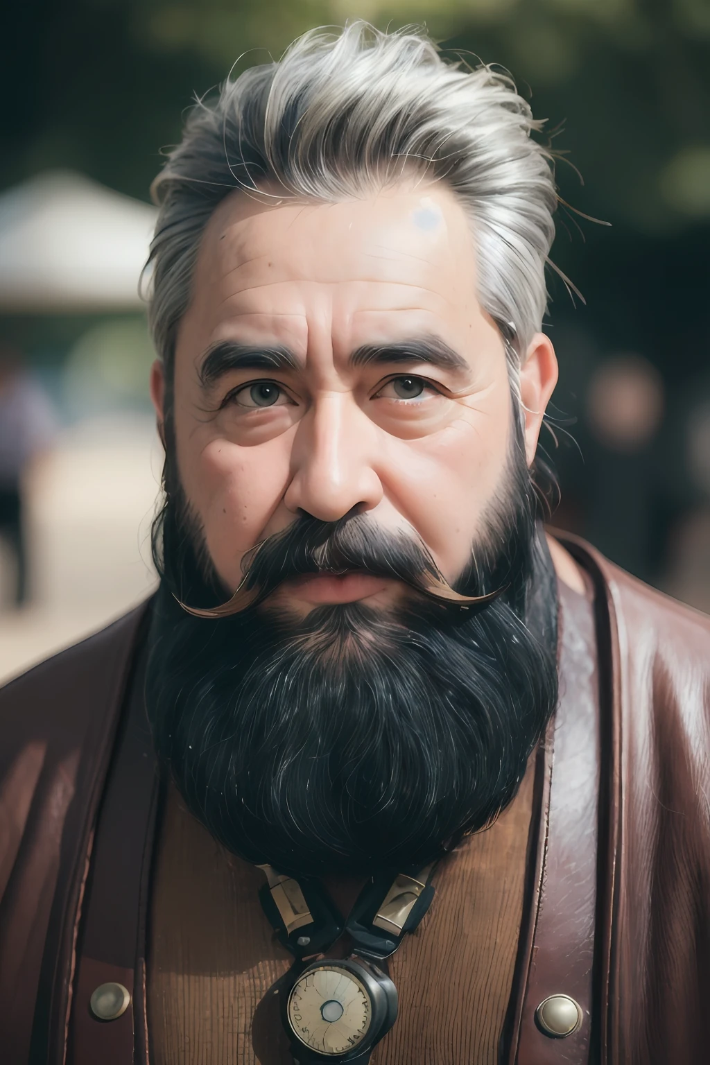 1boy, beard, blurry, blurry_background, blurry_foreground, depth_of_field, facial_hair, male_focus, manly, motion_blur, mustache, old_man, solo, upper_body, fantasy background, portrait, steampunk_bg