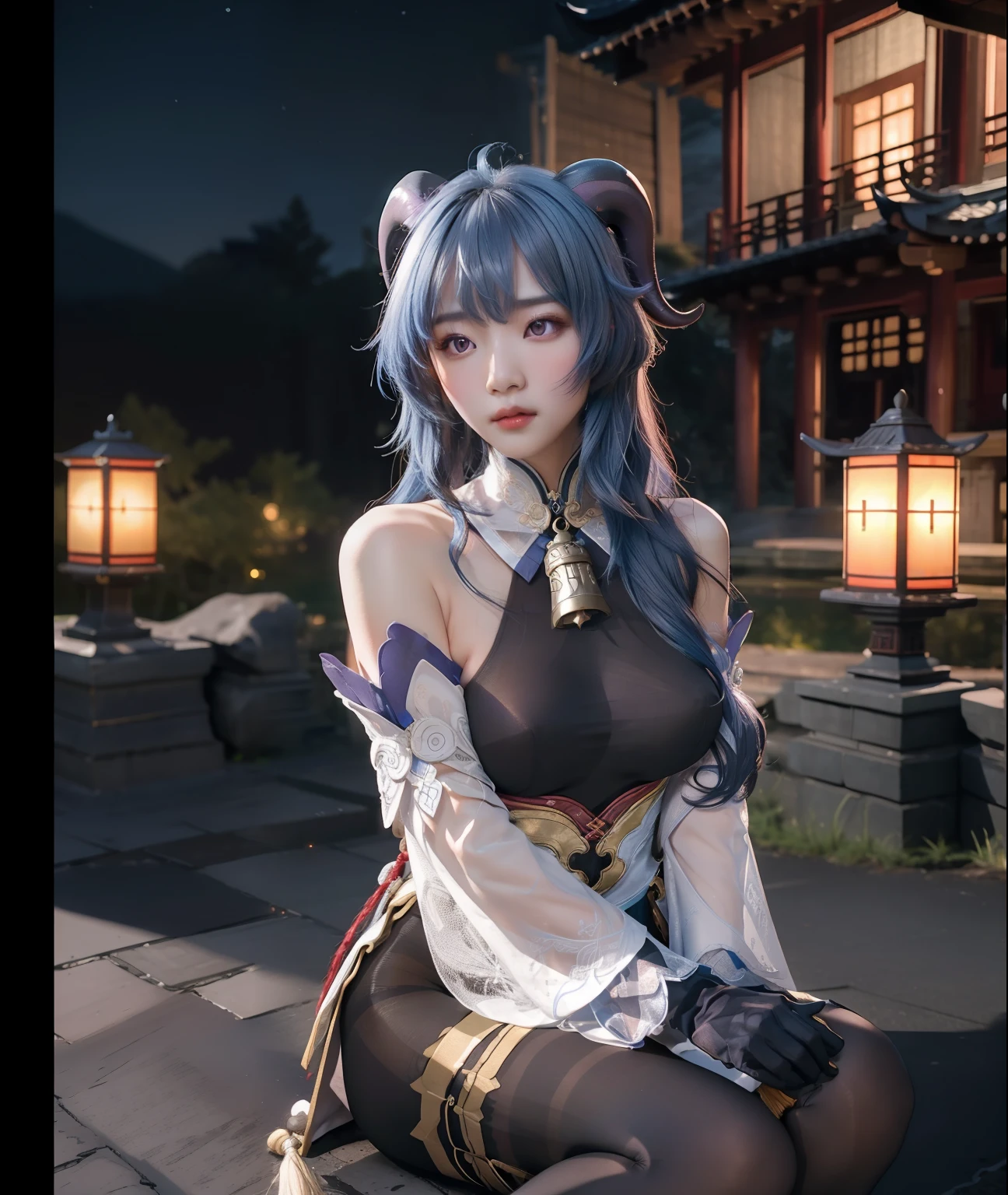 masterpiece, (photorealistic:1.5), best quality, beautiful lighting, real life, ganyu \(genshin impact\), 1girl, ahoge, architecture, bangs, bare shoulders, bell, black gloves, black pantyhose, (blue hair), blush, breasts, chinese knot, detached sleeves, east asian architecture, flower knot, gloves, horns, long hair, looking at viewer, medium breasts, neck bell, night, outdoors, pantyhose, purple eyes, sidelocks, solo, tassel, white sleeves, (ulzzang-6500:0.5) , intricate, high detail, sharp focus, dramatic, beautiful girl , (RAW photo, 8k uhd, film grain), caustics, subsurface scattering, reflections ,