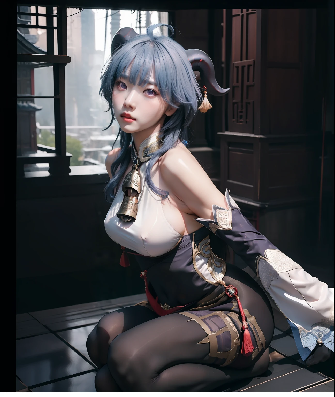 masterpiece, (photorealistic:1.5), best quality, beautiful lighting, real life, ganyu \(genshin impact\), 1girl, ahoge, architecture, bangs, bare shoulders, bell, black gloves, black pantyhose, (blue hair), blush, breasts, chinese knot, detached sleeves, east asian architecture, flower knot, gloves, horns, long hair, looking at viewer, medium breasts, neck bell, night, outdoors, pantyhose, purple eyes, sidelocks, solo, tassel, white sleeves, (ulzzang-6500:0.5) , intricate, high detail, sharp focus, dramatic, beautiful girl , (RAW photo, 8k uhd, film grain), caustics, subsurface scattering, reflections ,