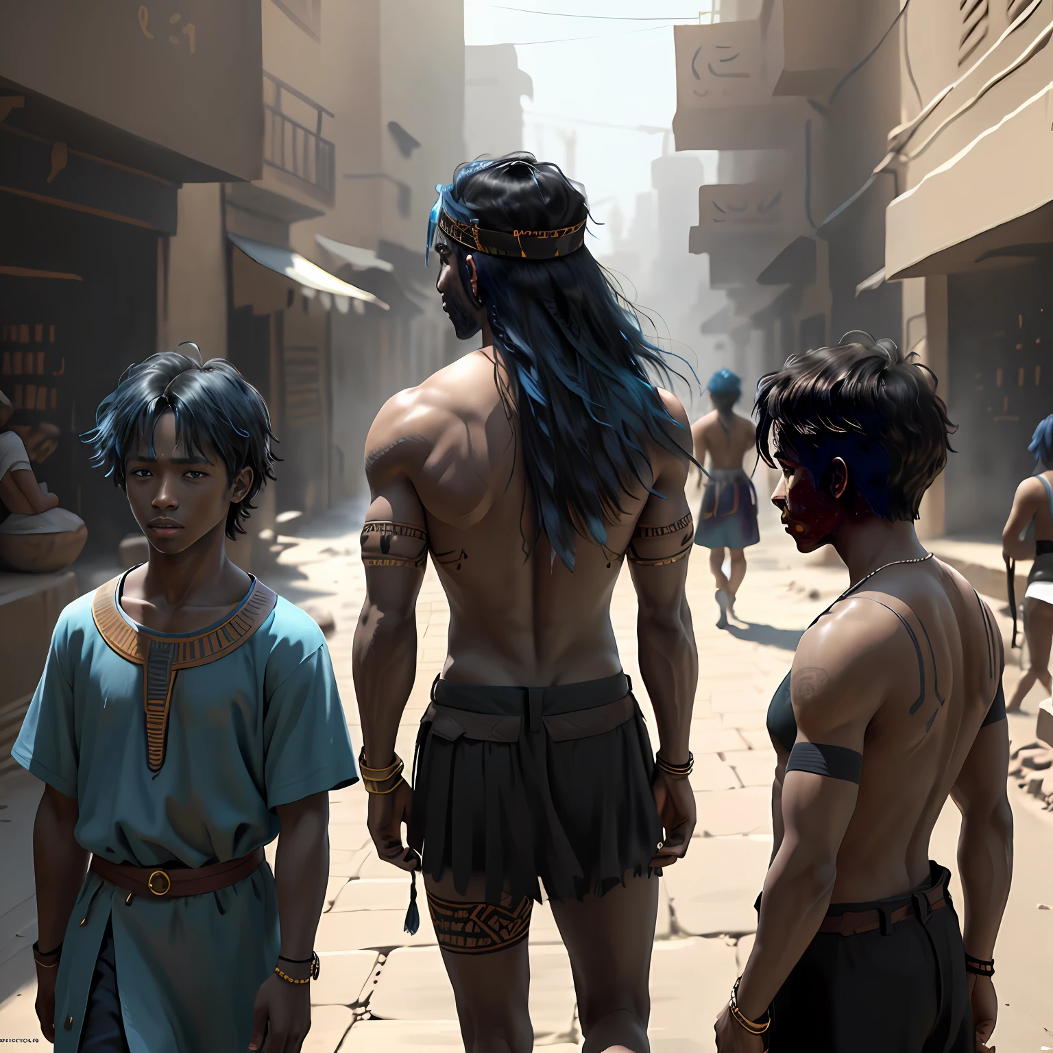 A group of 3 friends aged  and 24, tienen tristeza y miedo, se acerca una guerra. They are talking about how to defend themselves from the enemy army when they invade the city 14f blue hair, The 14-year-olboyh strht hair with his back uncovered and his chest bare but dressed in typical clothes of ancient Egypt with dark skin walking lost through the different streets of a city is noon. doferentes angulos mira la ciudad desde lo slto de una colina.