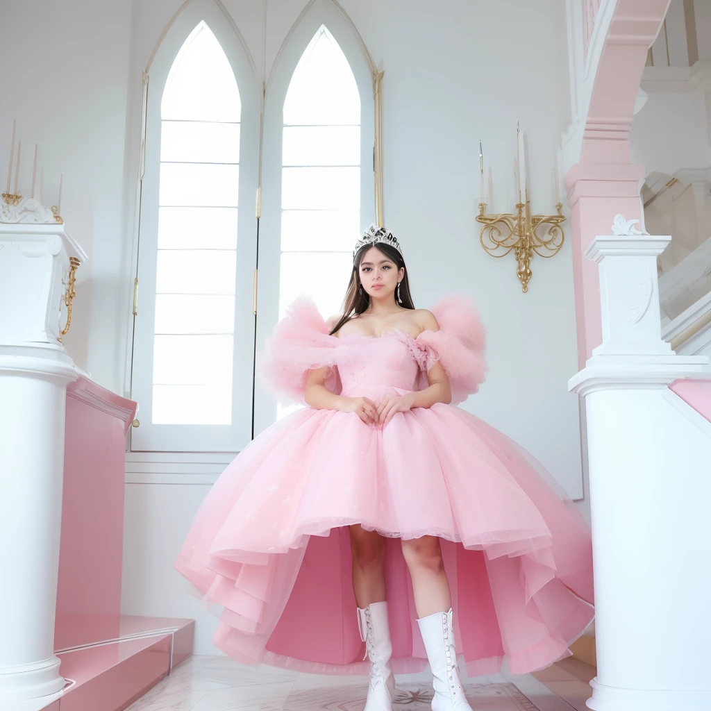A modern queen of Generation Z, um vestido moderno rosa fofo, coroa rosa moderna, em um castelo, corpo inteiro, botas de cowboy, Estilo Gen z.