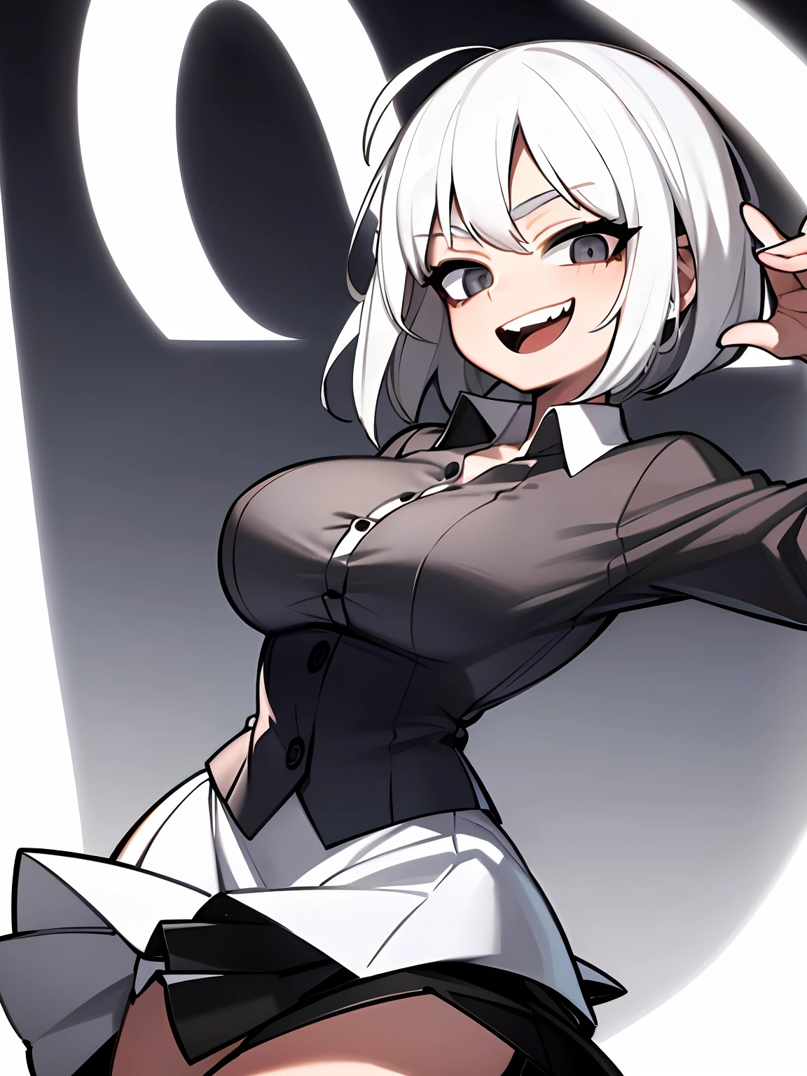 ((Masterpiece, Best quality)), (1girll), (Solo), (female focus), (ahoge, White hair, Short hair), Black eyes, attractive smile, Open mouth, ((Black shirt), (Buttoned shirt ), (Button gaps)), ((whiteskirt), (short  skirt)), standing on your feet, White background, Behind your arms, dynamic angle，with hands behind her back