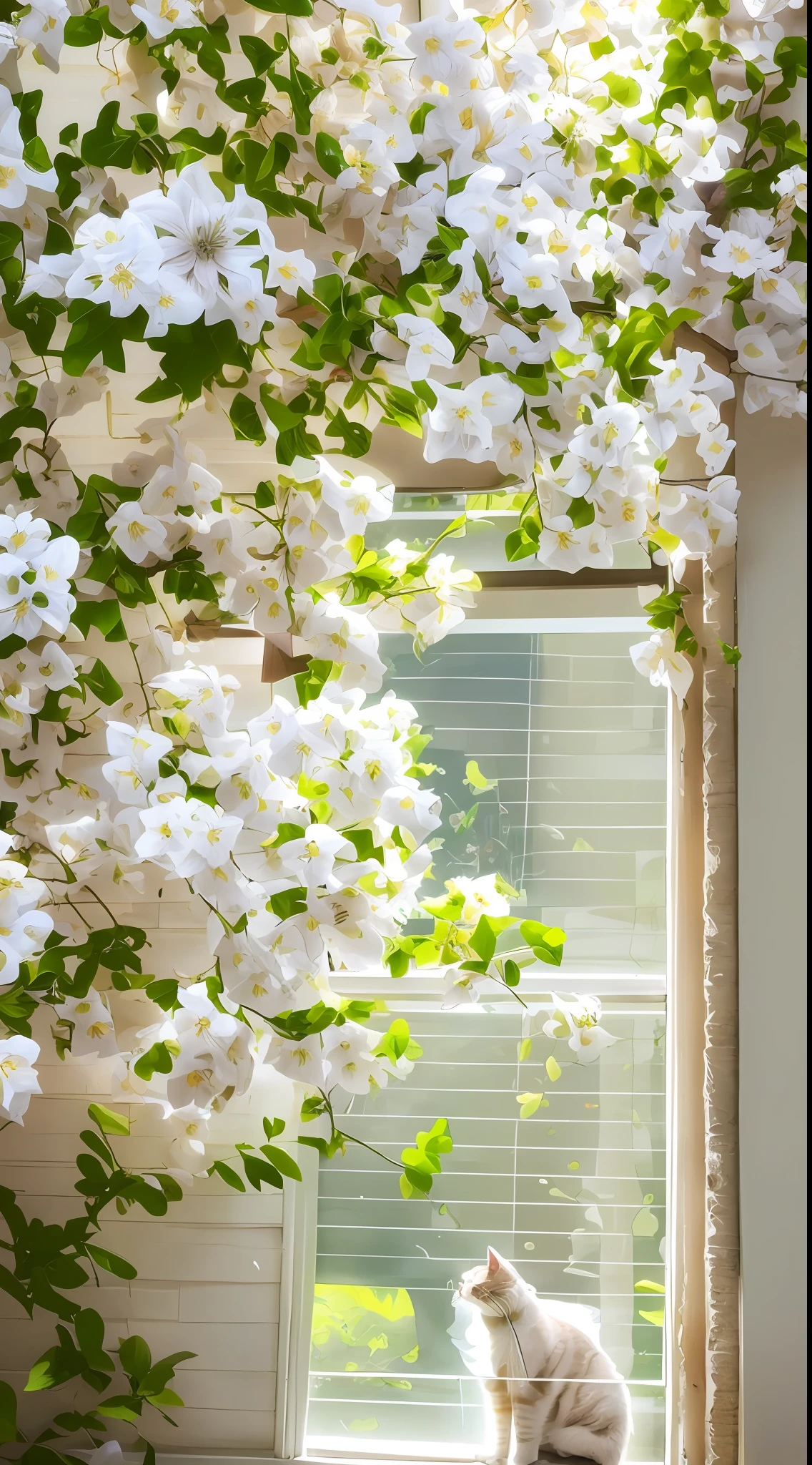 There was a cat sitting on a windowsill under a tree, nature and floral aesthetics, Beautiful window photos, beautiful aesthetic, white blossoms, White flowers, huge flower, Clematis is like stars in the sky, clematis theme banner, flowering vines, flowers blooming, blossoming, Beautiful composition, Beautiful and aesthetic, jasmine, Blooming flowers, blossoms