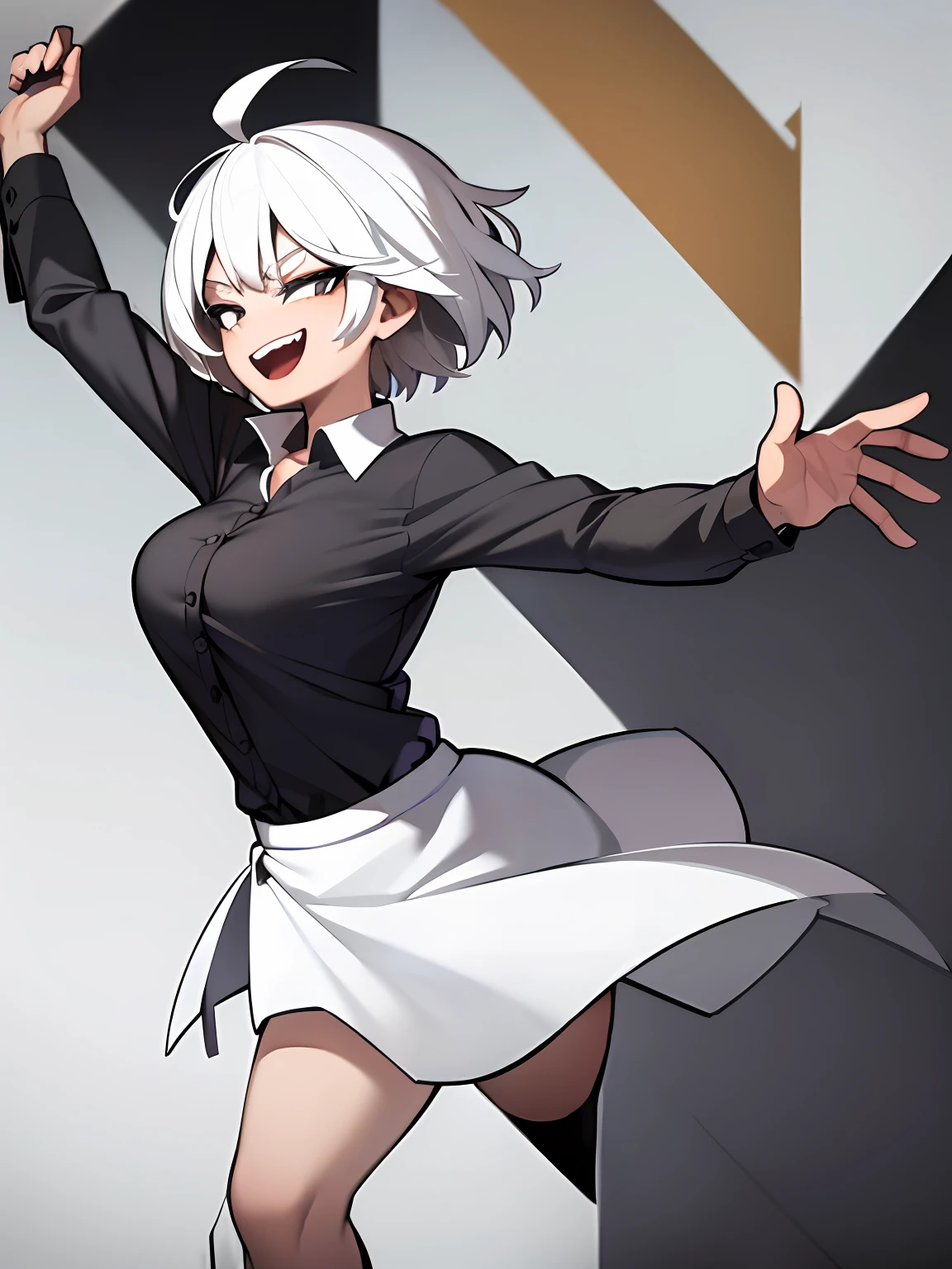 ((Masterpiece, Best quality)), (1girll), (Solo), (female focus), (ahoge, White hair, Short hair), Black eyes, attractive smile, Open mouth, ((Black shirt), (Buttoned shirt ), (Button gaps)), ((whiteskirt), (short  skirt)), standing on your feet, White background, Behind your arms, dynamic angle，with hands behind her back