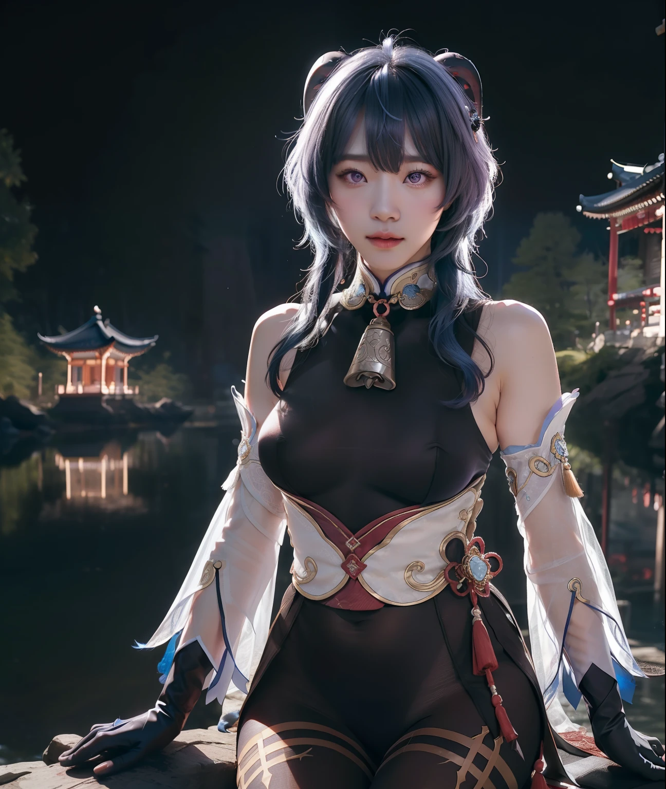 masterpiece, (photorealistic:1.5), best quality, beautiful lighting, real life, ganyu \(genshin impact\), 1girl, ahoge, architecture, bangs, bare shoulders, bell, black gloves, black pantyhose, (blue hair), blush, breasts, chinese knot, detached sleeves, east asian architecture, flower knot, gloves, horns, long hair, looking at viewer, medium breasts, neck bell, night, outdoors, pantyhose, purple eyes, sidelocks, solo, tassel, white sleeves, (ulzzang-6500:0.5) , intricate, high detail, sharp focus, dramatic, beautiful girl , (RAW photo, 8k uhd, film grain), caustics, subsurface scattering, reflections ,