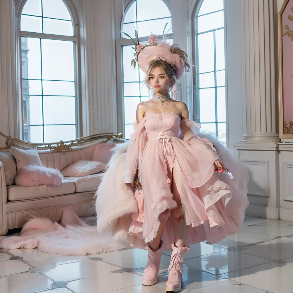 A modern gen z queen, a fluffy pink modern dress, pink modern crown, in a castle, full body, cowboy boots, gen z style.