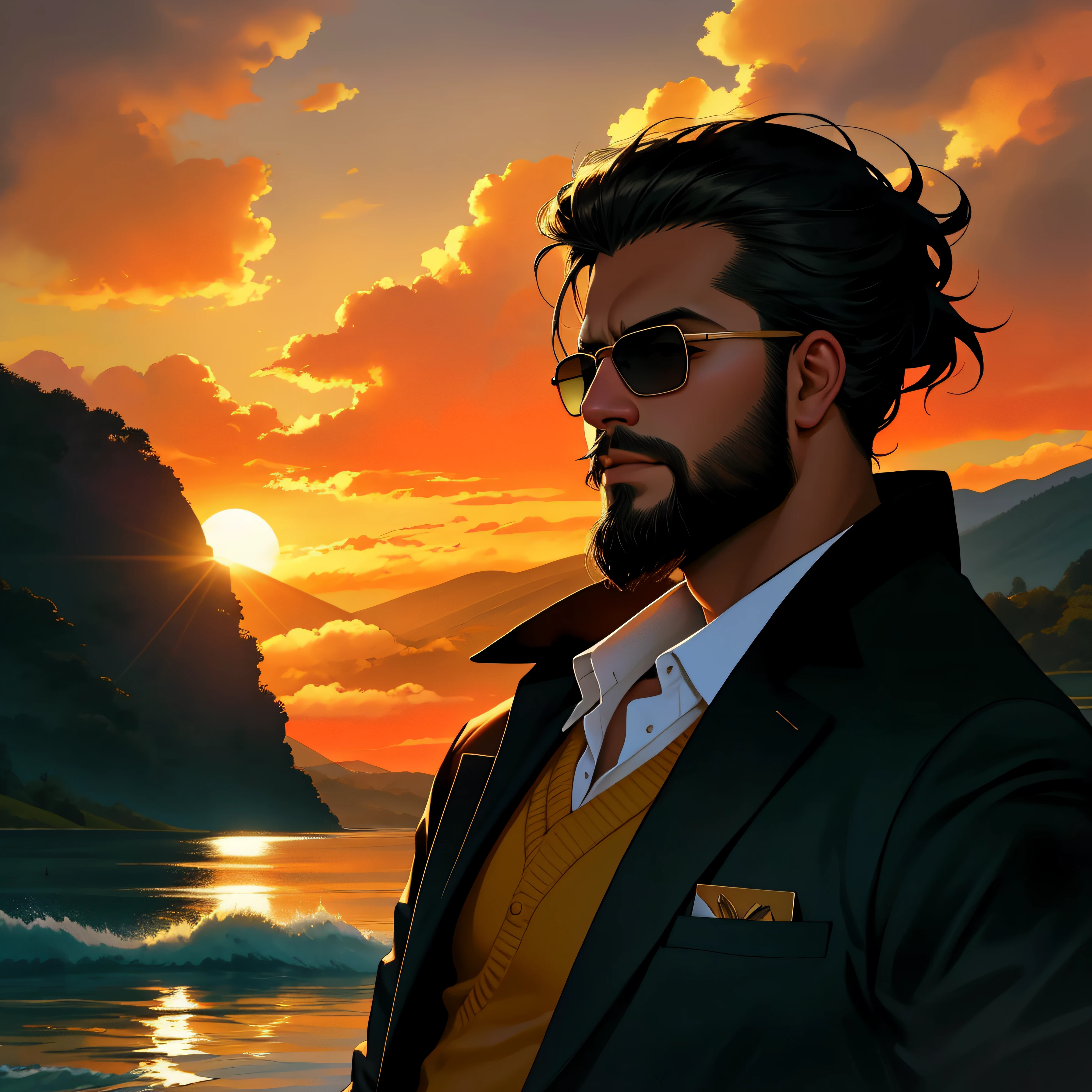 Man in sunglasses and beard in front of a sunset lake, foto de retrato de pintura fosca, Retrato tirado 8 K, cinematic portrayal, Foto de perfil, dramatic cinematic portrait, Directed by: Alejandro Obregon, Tiro em Sony A 7 III, sao paulo, Background Story : Diego Fazio, filme ainda 8K, Cinematic realistic portrait, Retrato VFX altamente detalhado