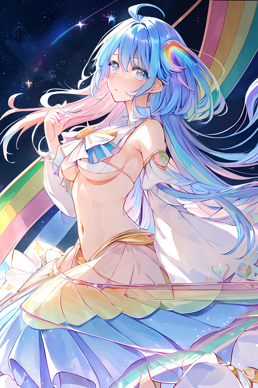 ((extremelydetailedCG)),((8K_Wallpaper)),(((masutepiece))),((top-quality)),watercolor paiting_(Medium),((Beautiful detail starry sky)),both sexes, cinmatic lighting,Princess,very long iridescent hair,from side view,LookingATVIEWER,fullllbody,frilld,(Far from the viewer),((Highly detailed facial)),((Very delicate and beautiful girl)),((extremely detailed cute anime face)),((Very detailed eyes)),(((extra detailed body))),(ultra-detailliert),Illustration,((bare stomach)),((Bare shoulders)),smallbreast,((sideboob barbosa)),((((Floating and rainbow hair)))),(((Iridescence and rainbow hair))),(((Very detailed clothes))),((((Rainbow and iridescent colors)))),(Rainbow colors and rainbow eyes),Beautiful detail hair,Beautiful fece,dramaticangle,(big top sleeves),frilld,blush,(Ahoge)