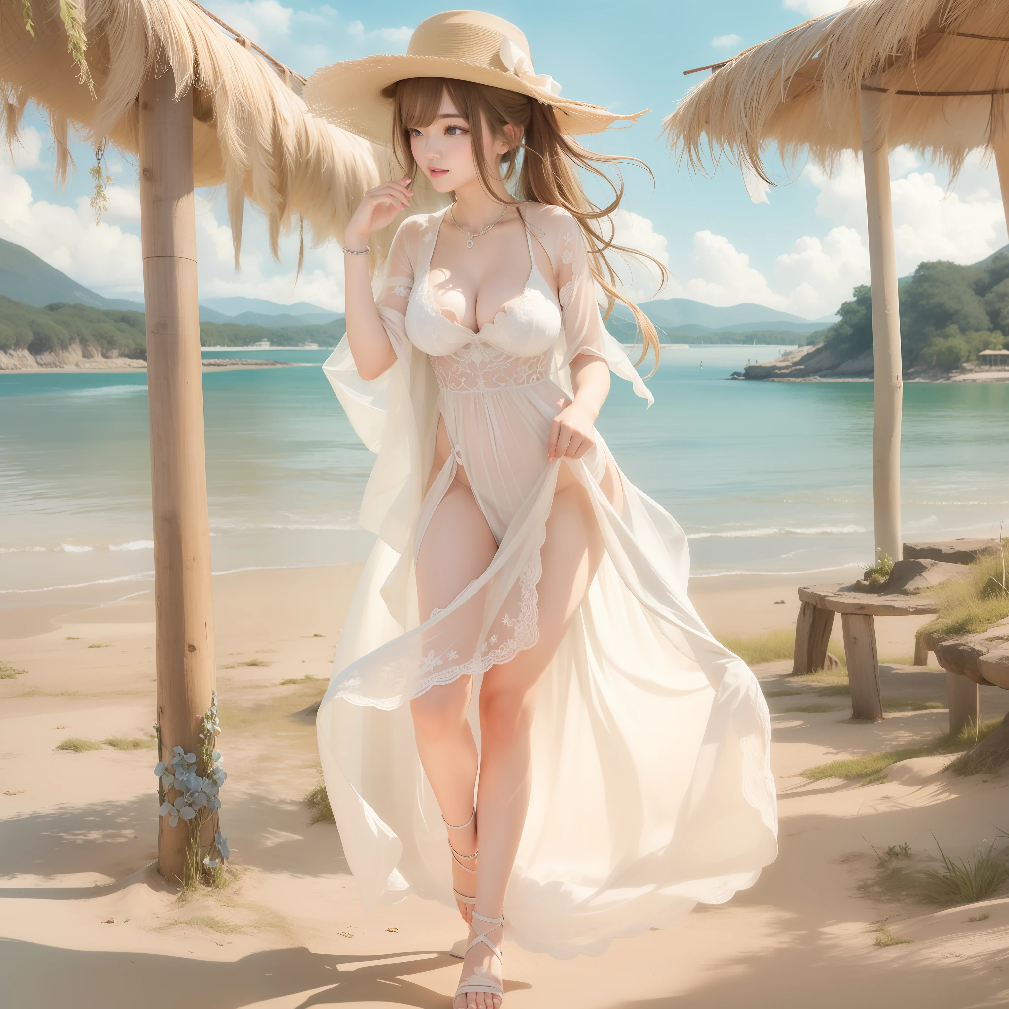 (masterpiece:1.2、top-quality)、(1lady、独奏、The upper part of the body:1.2)、 garments:Sheer flowing maxi dresses、a wide-brimmed hat、and strappy sandals、 accessory:shell necklace、 The hair:Loose wavy ponytail、 make - up:Natural, glowing skin、 BEReaction:relax、easygoing、Free-spirited、 The location:the beach、Resort、outdoor festival、Akame、huge tit、