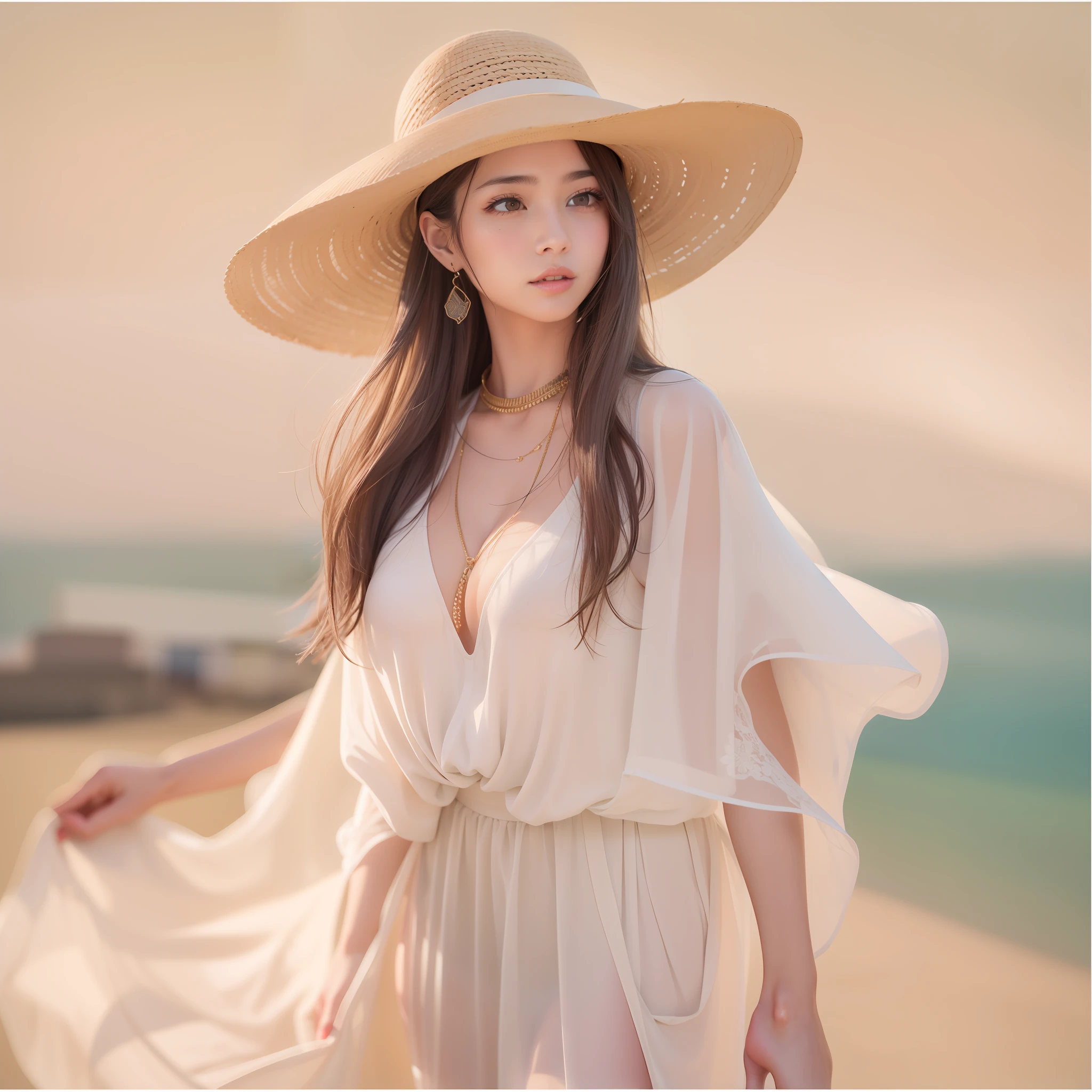 (masterpiece:1.2、top-quality)、(1lady、独奏、The upper part of the body:1.2)、 garments:Sheer flowing maxi dresses、a wide-brimmed hat、and strappy sandals、 accessory:shell necklace、 The hair:Loose wavy ponytail、 make - up:Natural, glowing skin、 BEReaction:relax、easygoing、Free-spirited、 The location:the beach、Resort、outdoor festival、Akame、huge tit、