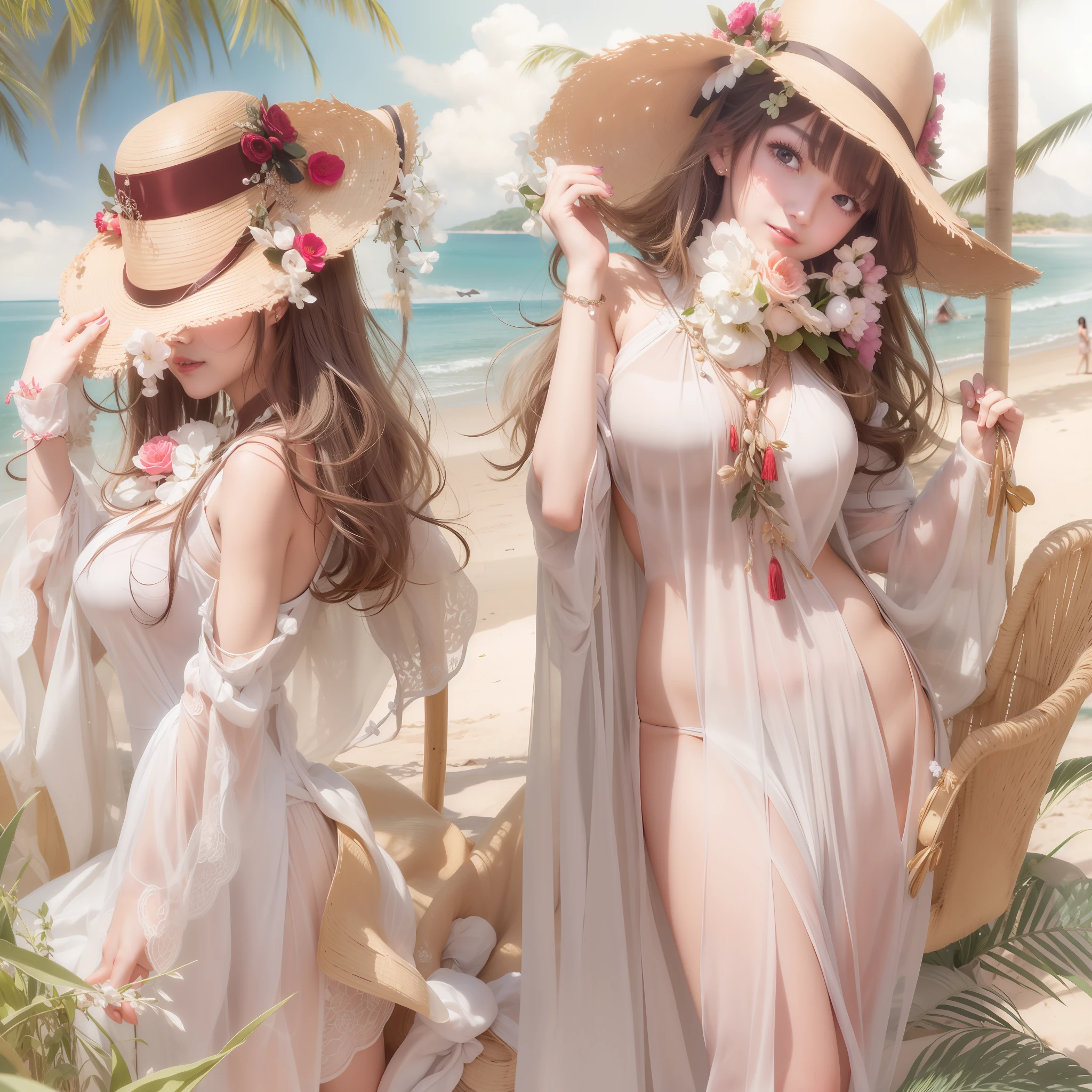 (masterpiece:1.2、top-quality)、(1lady、独奏、The upper part of the body:1.2)、 garments:Sheer flowing maxi dresses、a wide-brimmed hat、and strappy sandals、 accessory:shell necklace、 The hair:Loose wavy ponytail、 make - up:Natural, glowing skin、 BEReaction:relax、easygoing、Free-spirited、 The location:the beach、Resort、outdoor festival、Akame、huge tit、