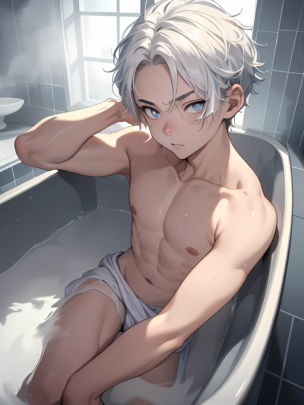 (absurdres, highres, ultra detailed), masterpiece,  boy in towel around his waist, solo, handsome, short hair, white hair, killua ,blue eye, finely eye, detailed face, (forehead), topless, on bathtub, full body view, steam, from side, look at viewer, thick fog,  in japan style, home muji style