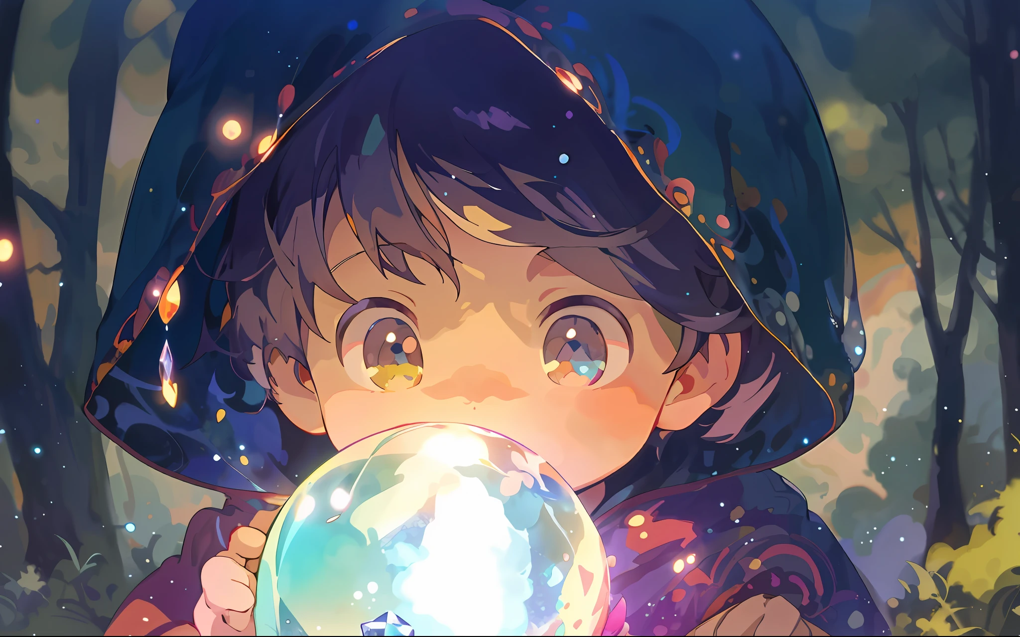 Anime, A little boy holds a crystal ball in his hand, Guviz-style artwork, lalafell, Guviz, Kawasi, Detailed digital anime art, dreamy psychedelic anime, Cute detailed digital art, 4k manga wallpapers, Anime art wallpaper 4k, Anime art wallpaper 4 K, Digital anime illustration, Anime fantasy illustration, young wizard