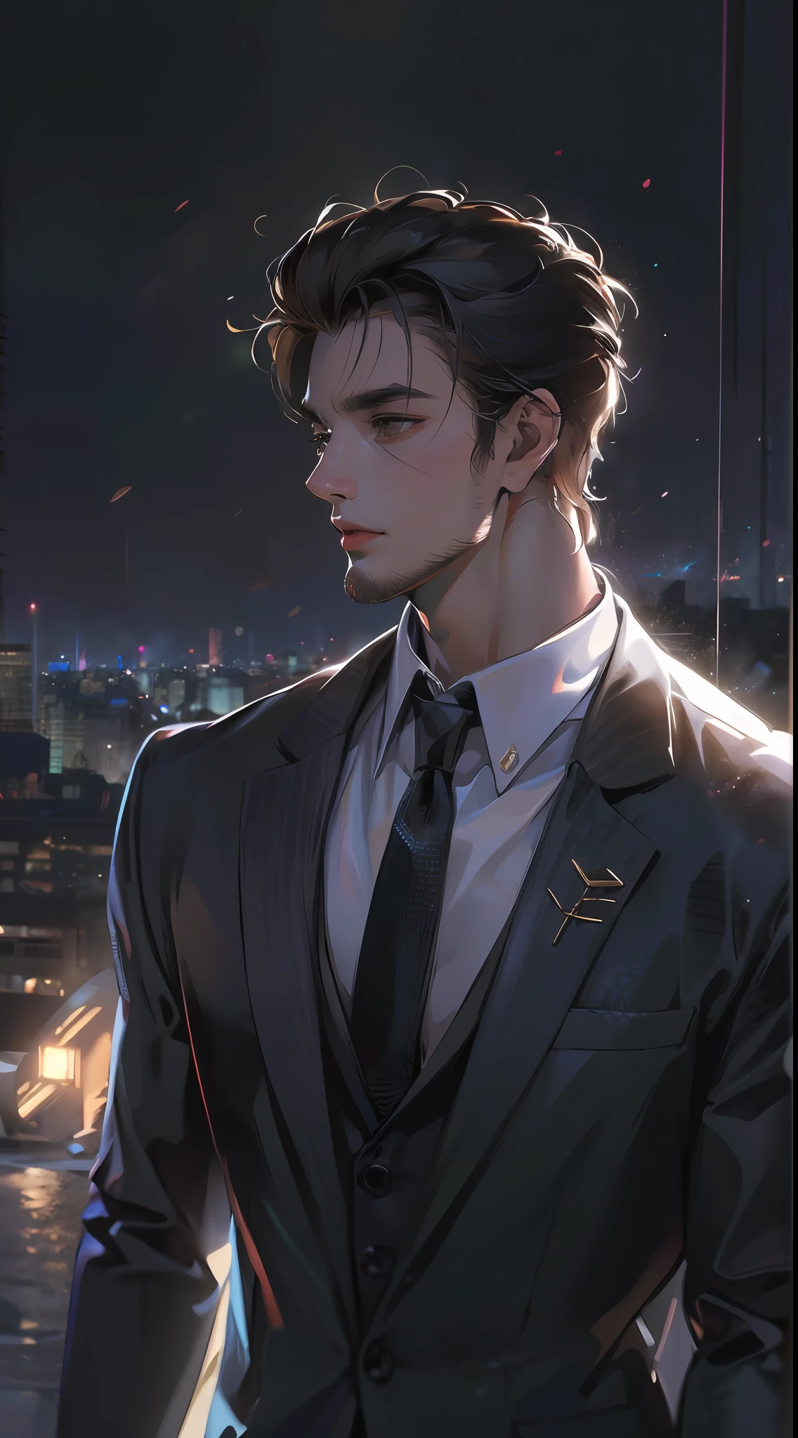 (absurdres, highres, ultra detailed, realistic, ), 1 male, solo, adult, mature, tall muscular guy, broad shoulders, handsome, very short hair, black hair, brown eyes, angular jaw, thick neck, thick eyebrows, night, dark, the night view of the city background, formal suit, necktie, upper body